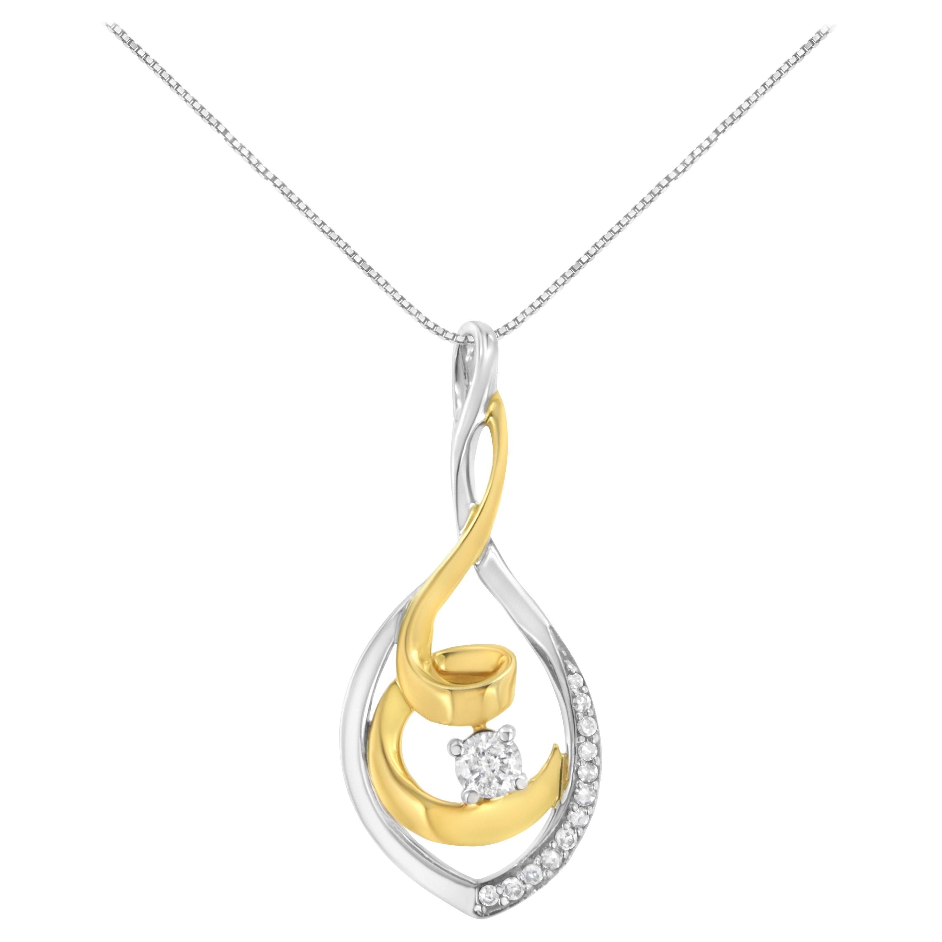 10K Two-Tone Gold 1/4 Carat Diamond Spiral Link Pendant Necklace For Sale