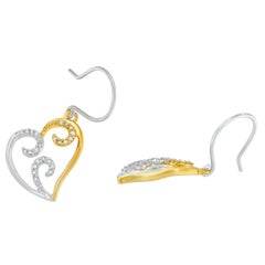 10K Two-Tone Gold 1/4 Carat Round Diamond Heart Dangle Earrings