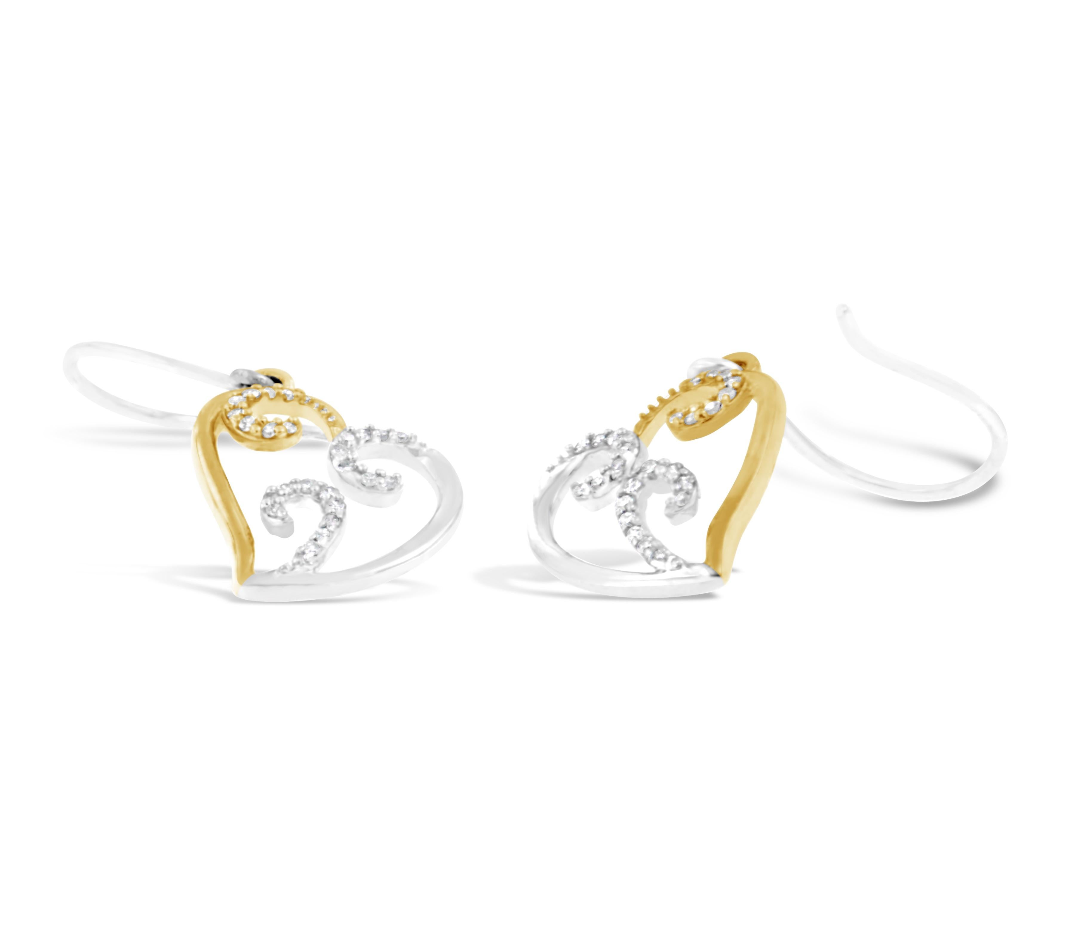 Round Cut 10K Two-Tone Gold 1/4 Carat Round Diamond Heart Dangle Earrings For Sale