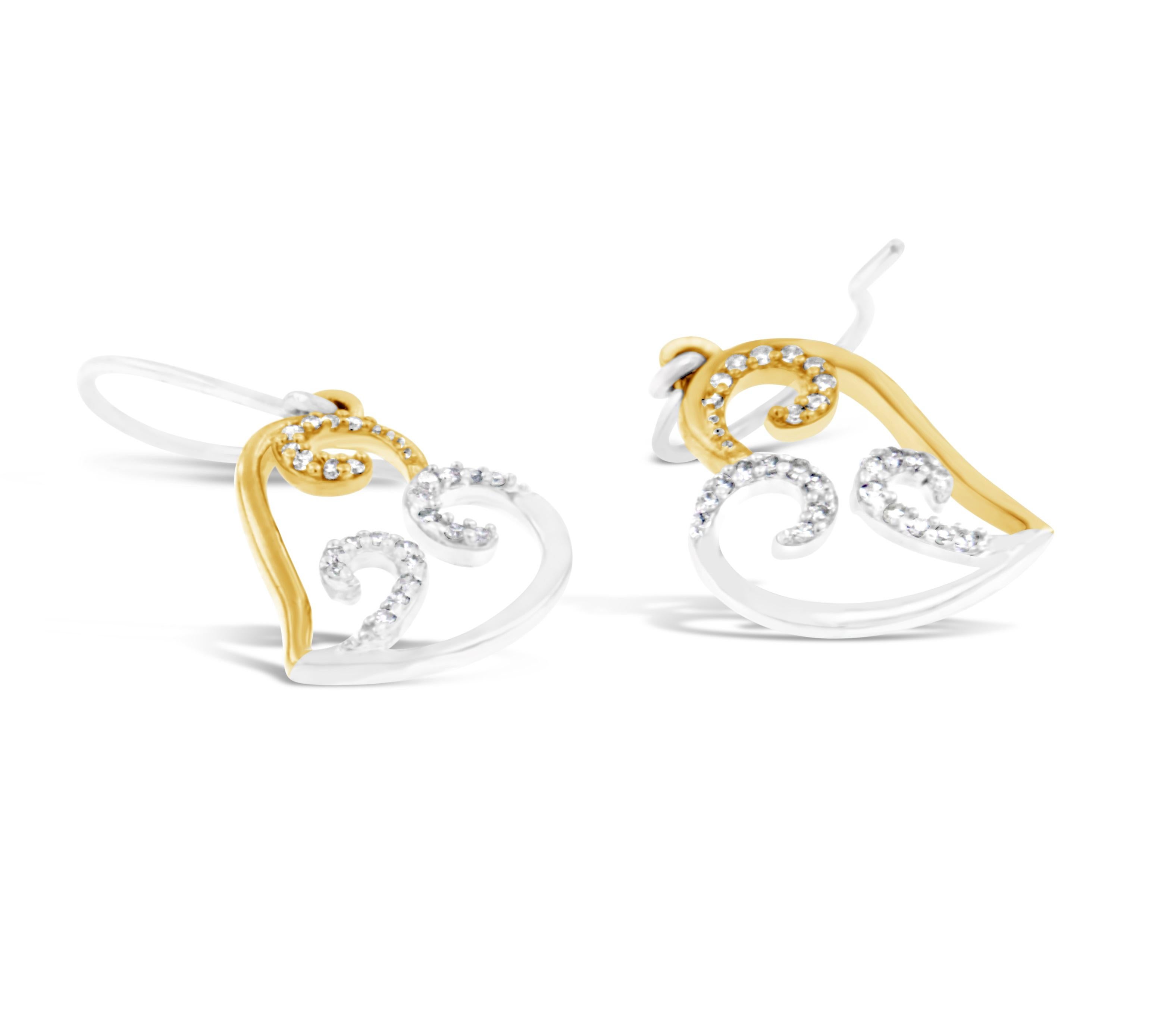 10K Two-Tone Gold 1/4 Carat Round Diamond Heart Dangle Earrings In New Condition For Sale In New York, NY