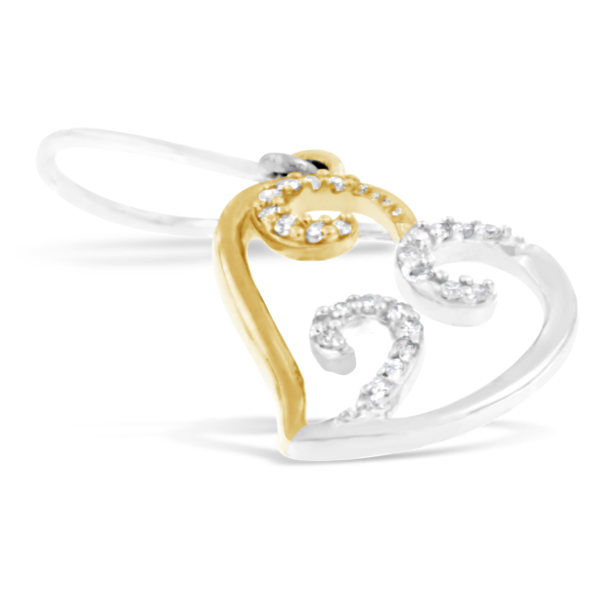 Women's 10K Two-Tone Gold 1/4 Carat Round Diamond Heart Dangle Earrings For Sale