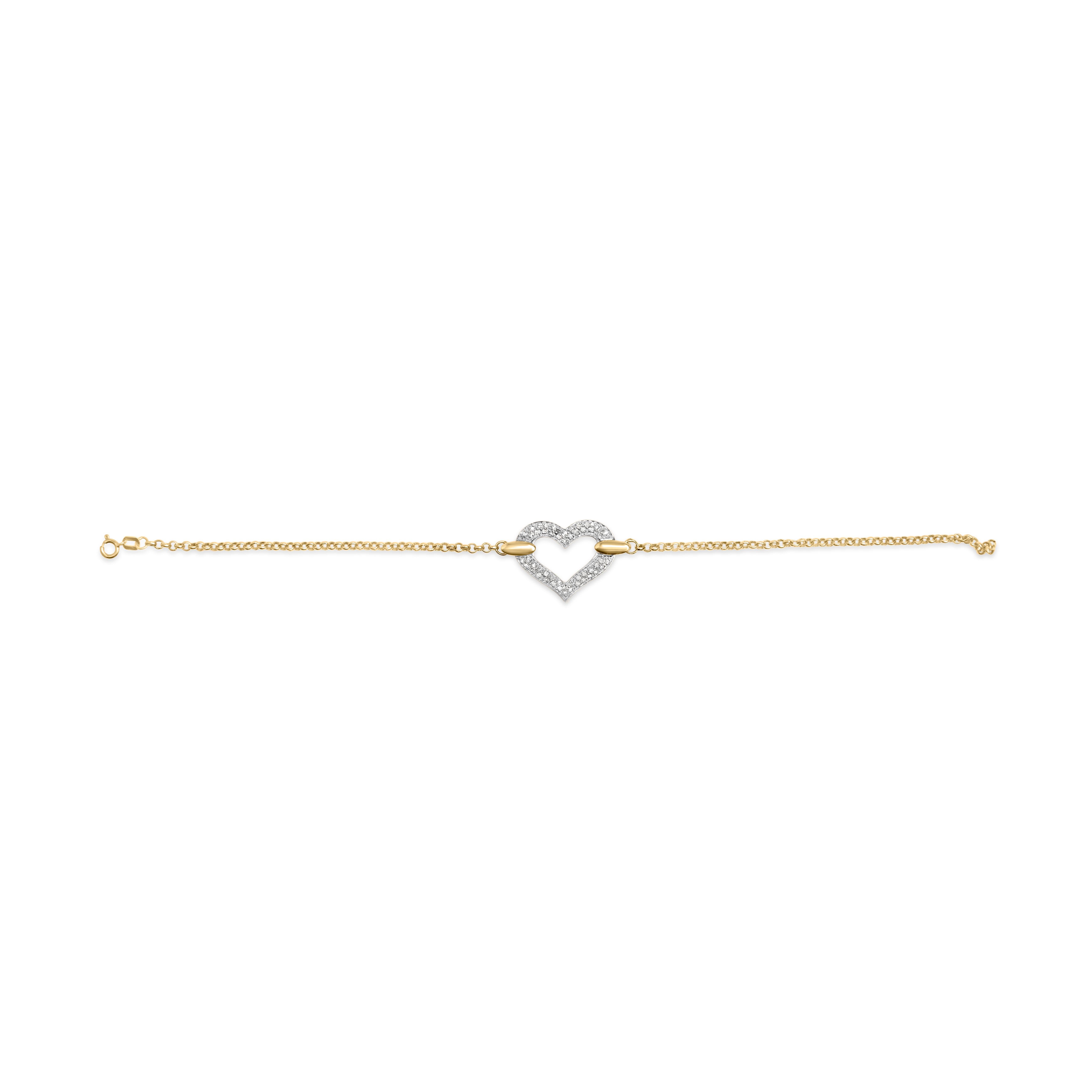 Cet exquis bracelet à breloques en forme de cœur en diamant est un must pour toute femme à la pointe de la mode. Fabriqué en or jaune et blanc 10K, il comporte 49 diamants ronds naturels d'un poids total de 1/4 cttw. Les diamants sont sertis dans