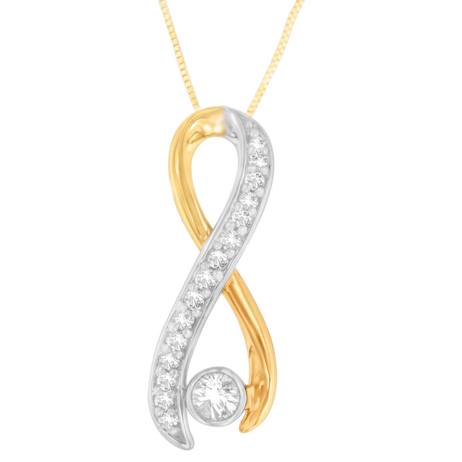 Timeless yellow gold cascades around a swirl of diamond-embellished white gold to create a sparkling spiral shape connected by a single round stone at the bottom. With style and elegance, this pendant necklace is a must for every woman with