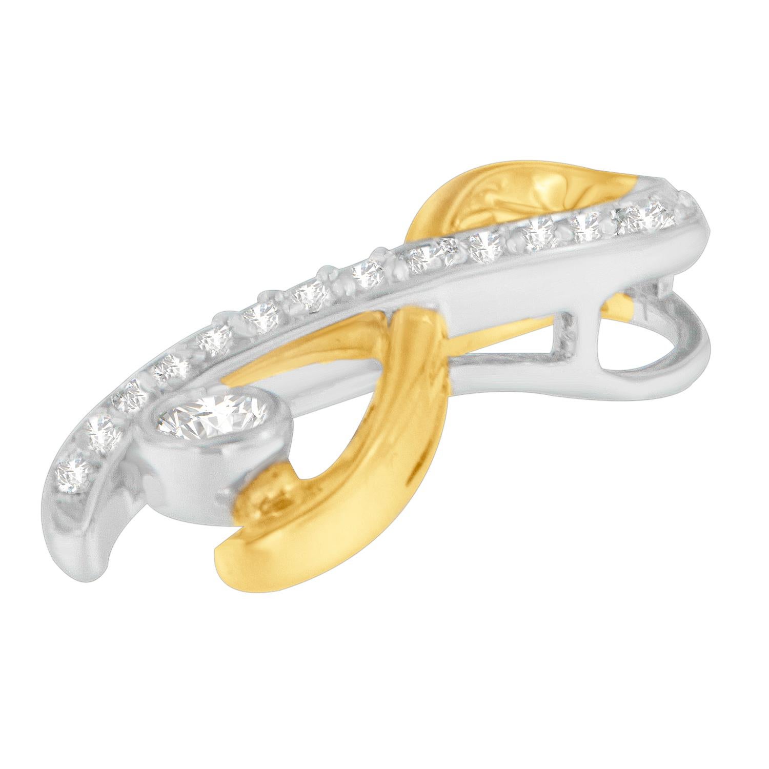 Round Cut 10K Two-Tone Gold 1/5 Carat Diamond Radiant Ribbon Pendant Necklace For Sale