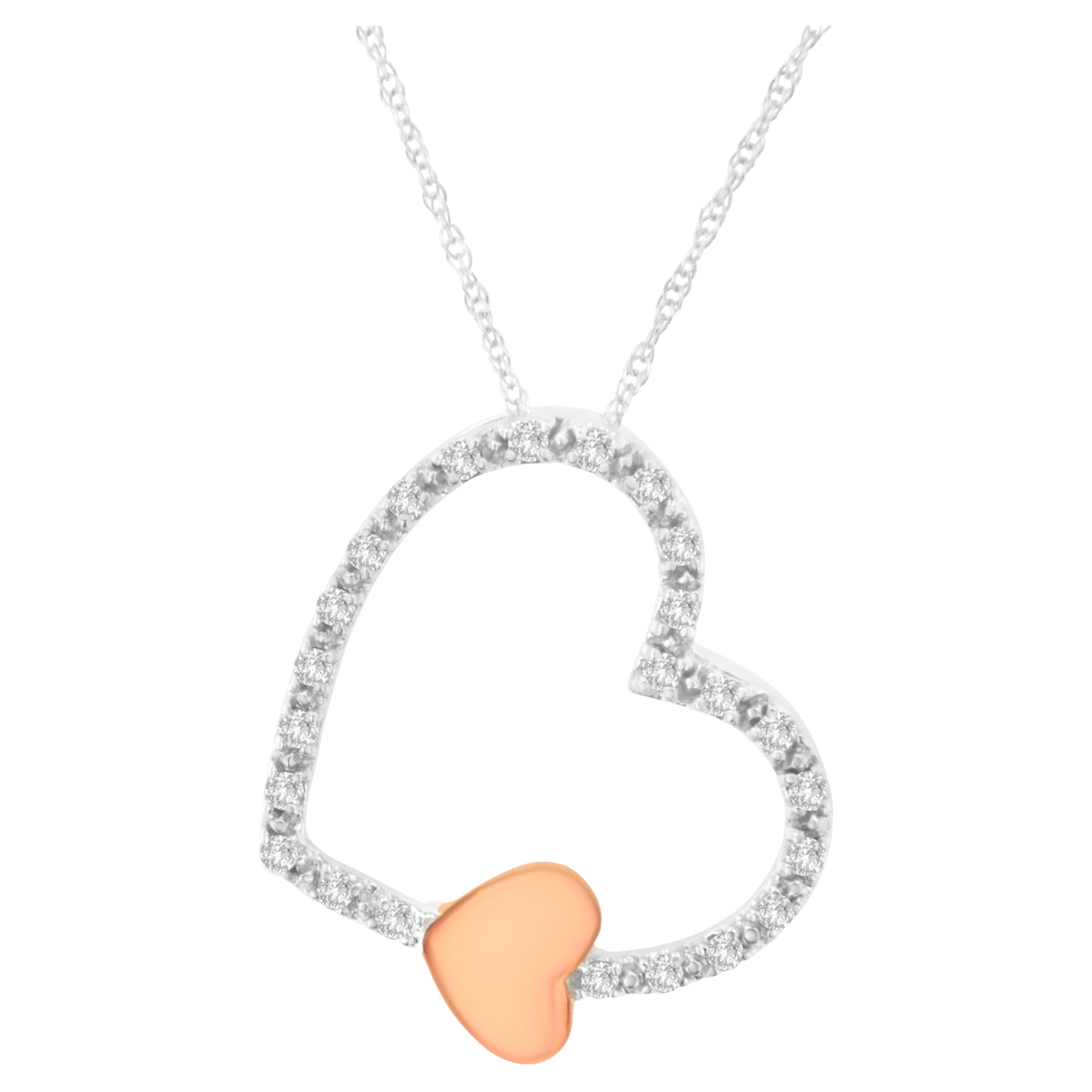 10K Two Tone Gold 1/6 Carat Diamond Floating Heart Pendant Necklace