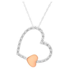 10K Two Tone Gold 1/6 Carat Diamond Floating Heart Pendant Necklace