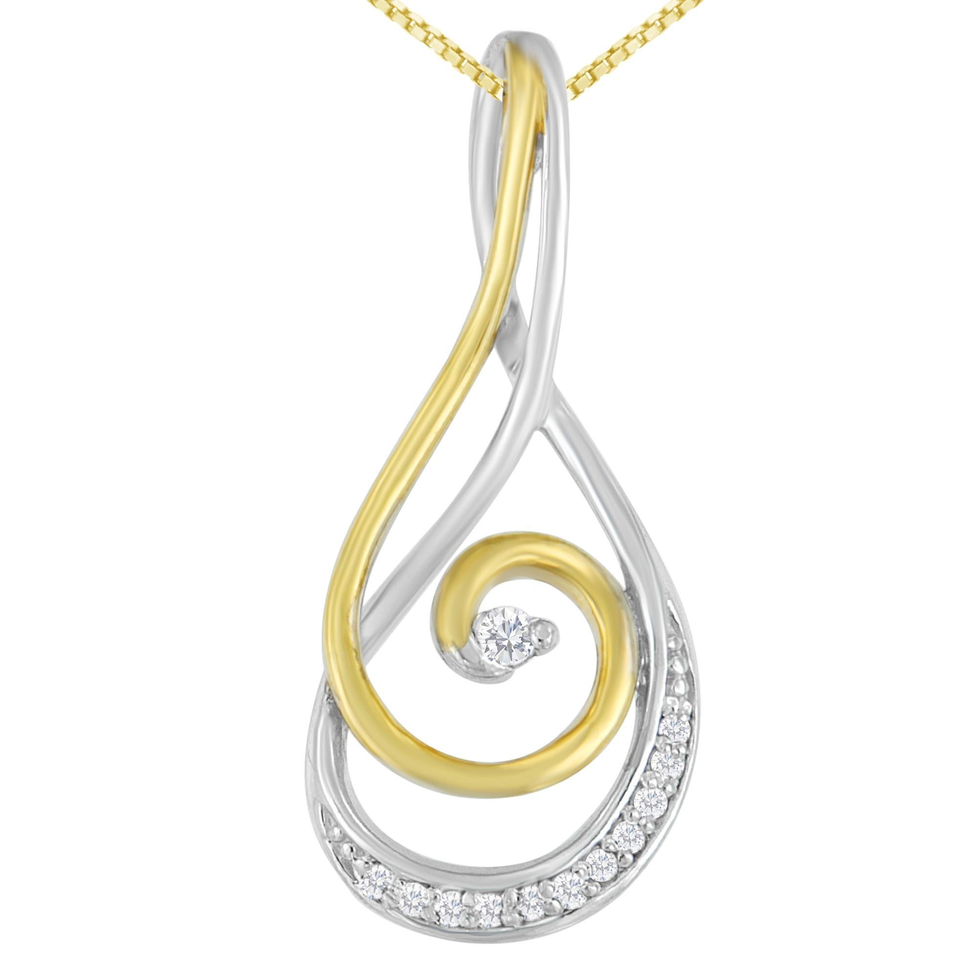 Cascading down to create two elegant spirals, each curve of this exquisite pendant is lined with glittering diamonds. Crafted in a high shine white and yellow gold finish, it's a unique style sure to make her stand out.


 • Metal: 10K Two-Toned