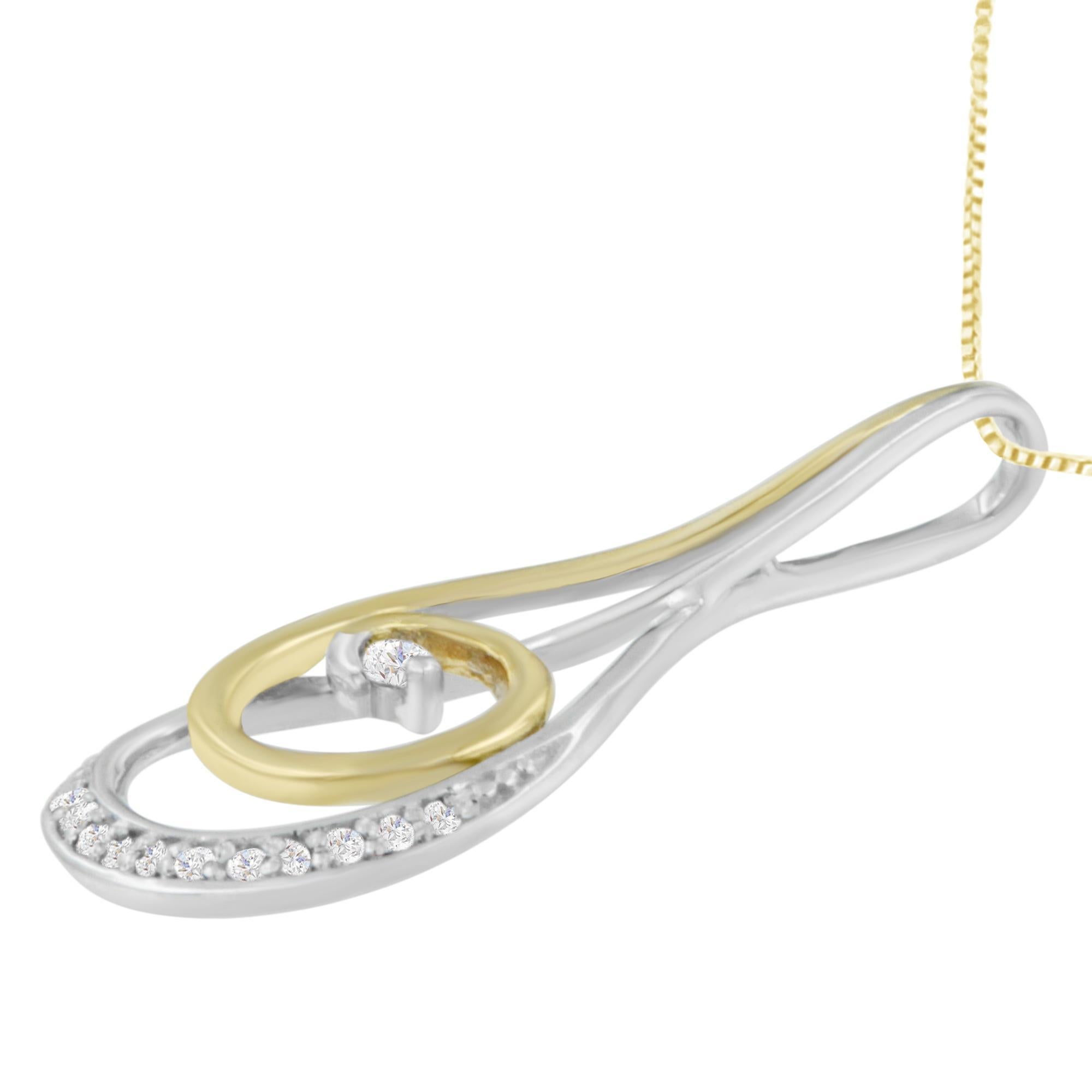 Modern 10K Two-Tone Gold 1/6 Carat Round Cut Diamond Spiral Pendant Necklace For Sale