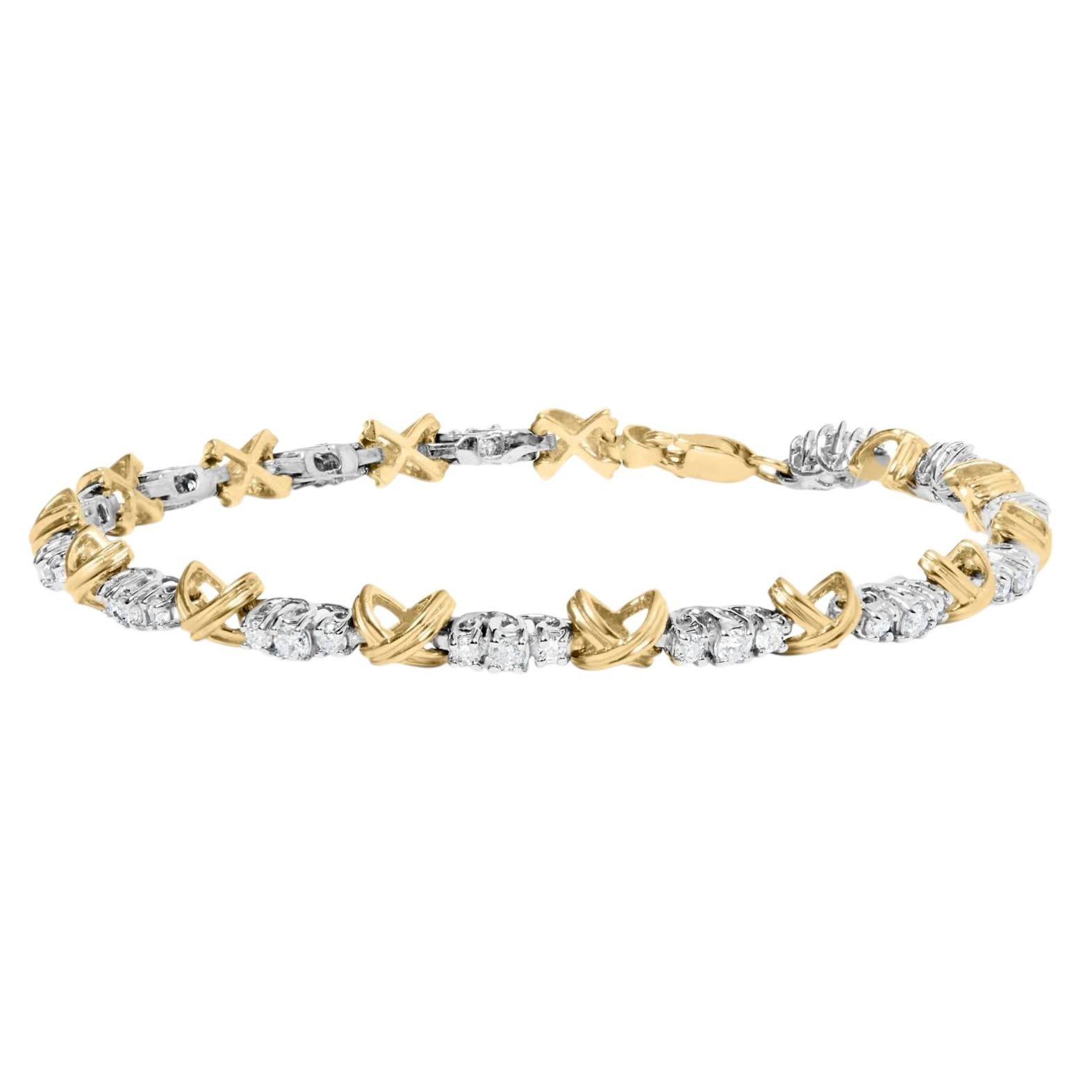 Pulsera de eslabones en X de oro bicolor de 10 quilates y 1,00 qt de diamante