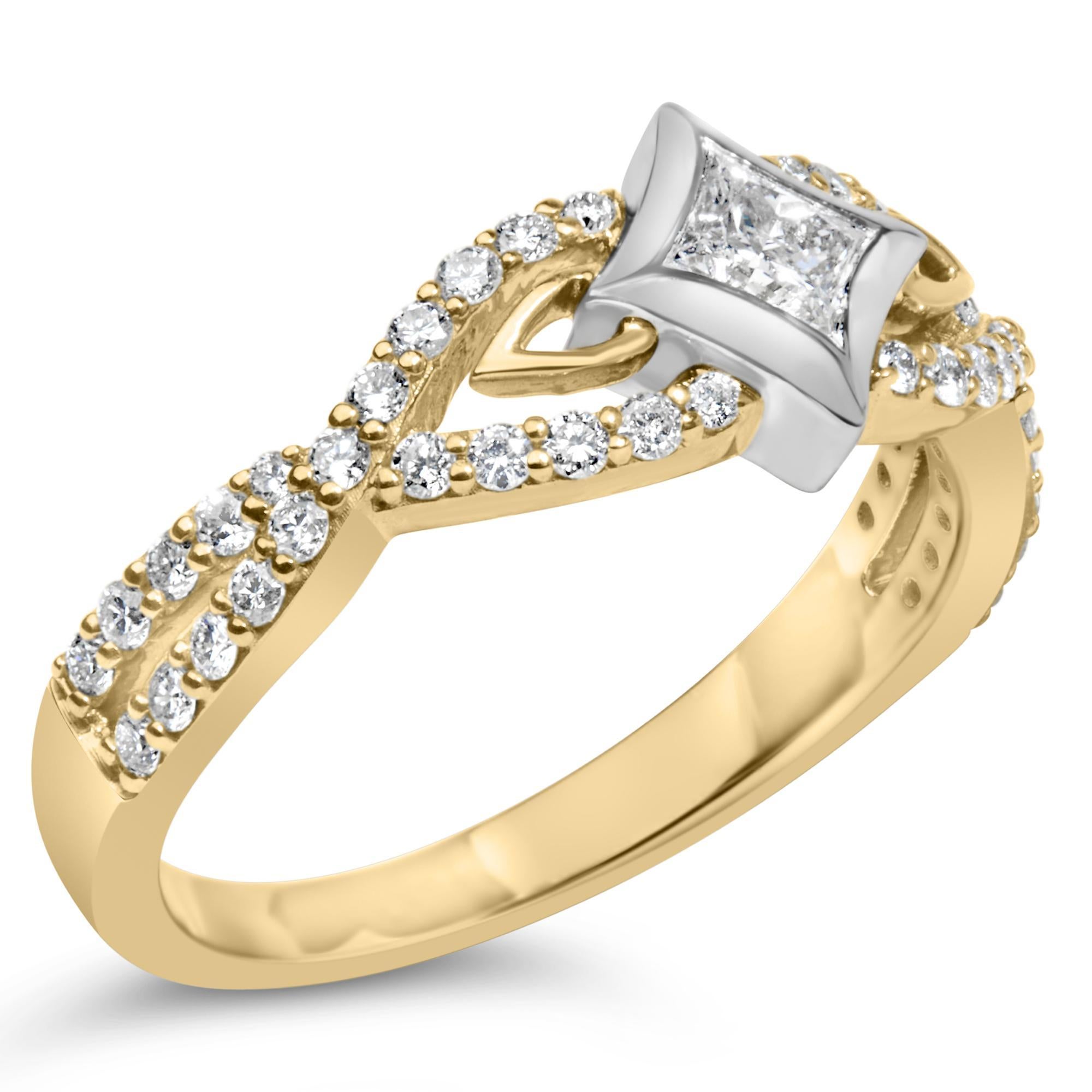 Moderno Anello in oro 10K bicolore con diamante da 2/3 cttw e gambo a tortiglione in vendita