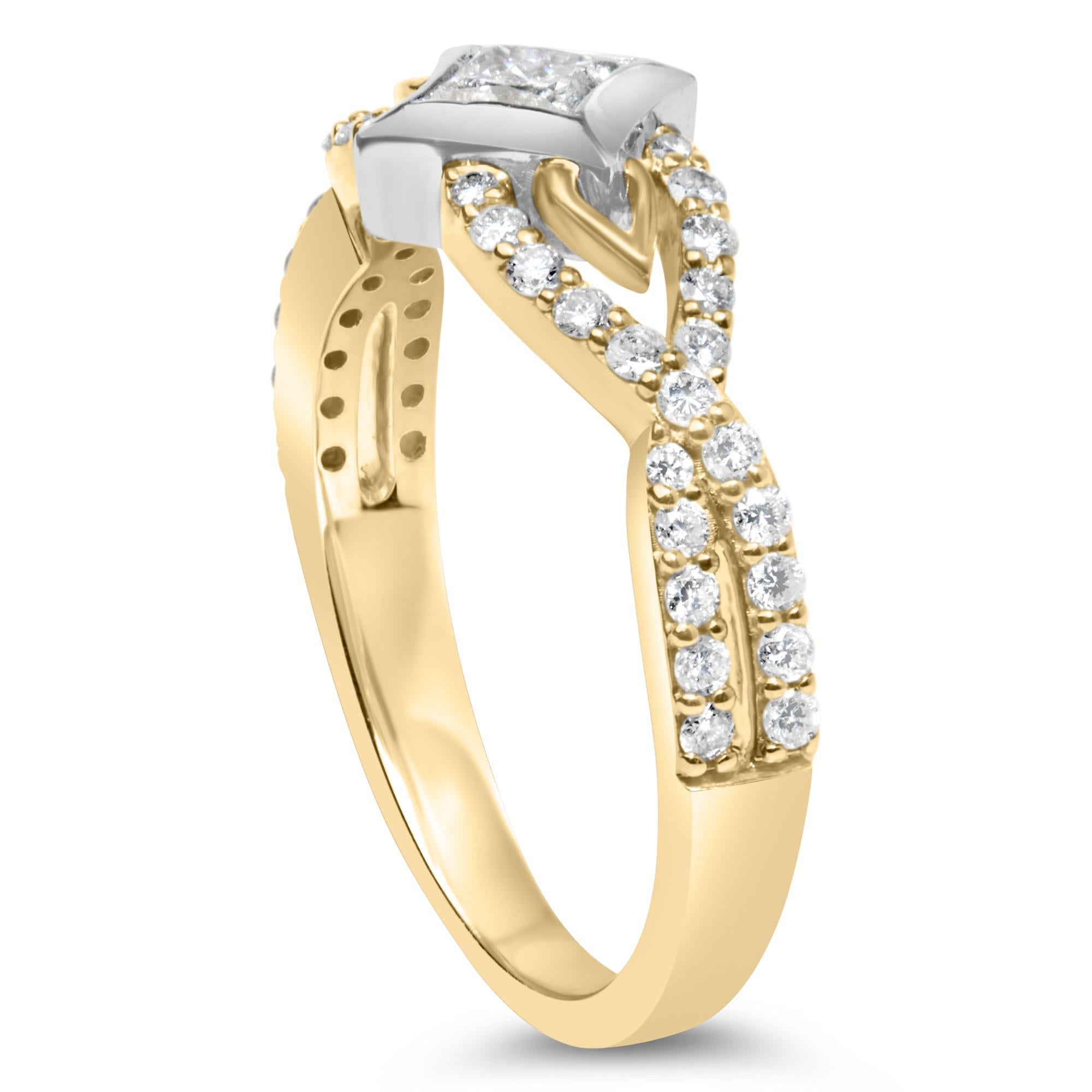 Taglio princess Anello in oro 10K bicolore con diamante da 2/3 cttw e gambo a tortiglione in vendita