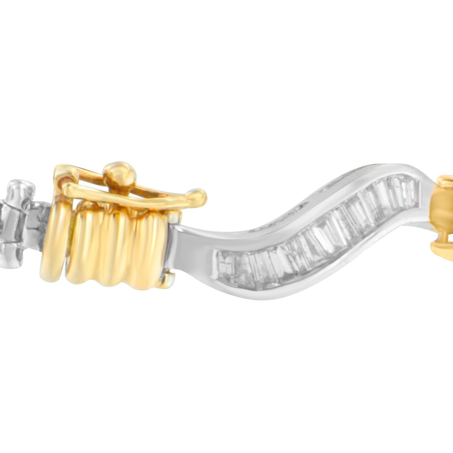 Intricate twists of white gold, highlighting two carats of brilliant baguette diamonds inside a channel setting, are bound together by yellow gold spirals for a beautifully designed bracelet that will leave her speechless. Bracelet has 104 natural,