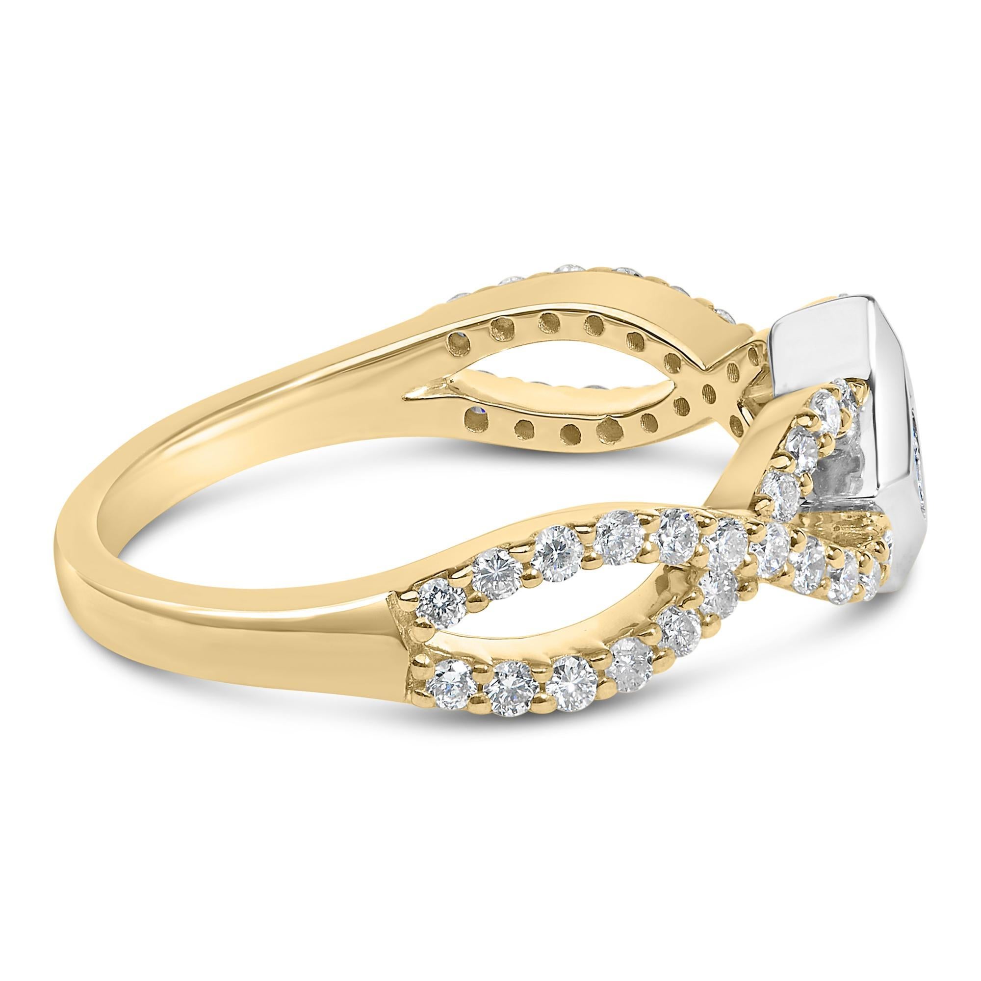 Imbued with sophistication and an intricate play of light, this exquisite ring blends 10K yellow and rhodium-plated white gold in a symphonic celebration of love and elegance. At its heart lies a 1/3 carat princess-cut diamond, masterfully set in a