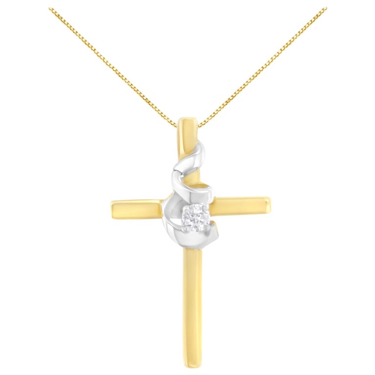 10K TwoTone Gold Diamond Accent Cross Pendant Necklace For Sale at 1stDibs