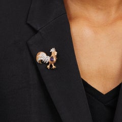 10k Two Tone Gold Petite Rooster Brooch w/ 0.35 ct Pear Amethyst & Accent Dia