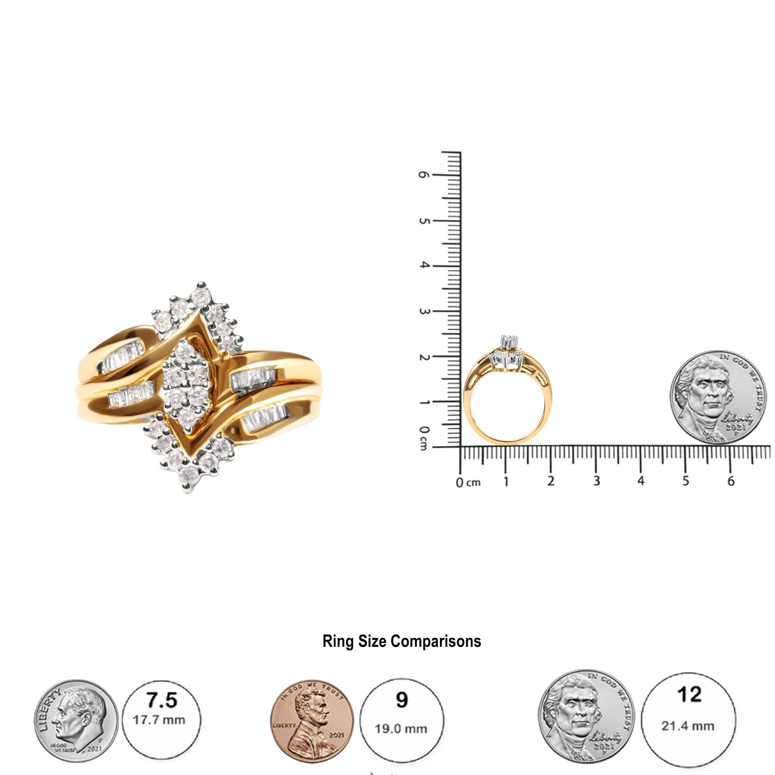 Women's 10K Two-Toned 1/2 Carat Round and Baguette-Cut Composite Pear Head Diamond Ring For Sale