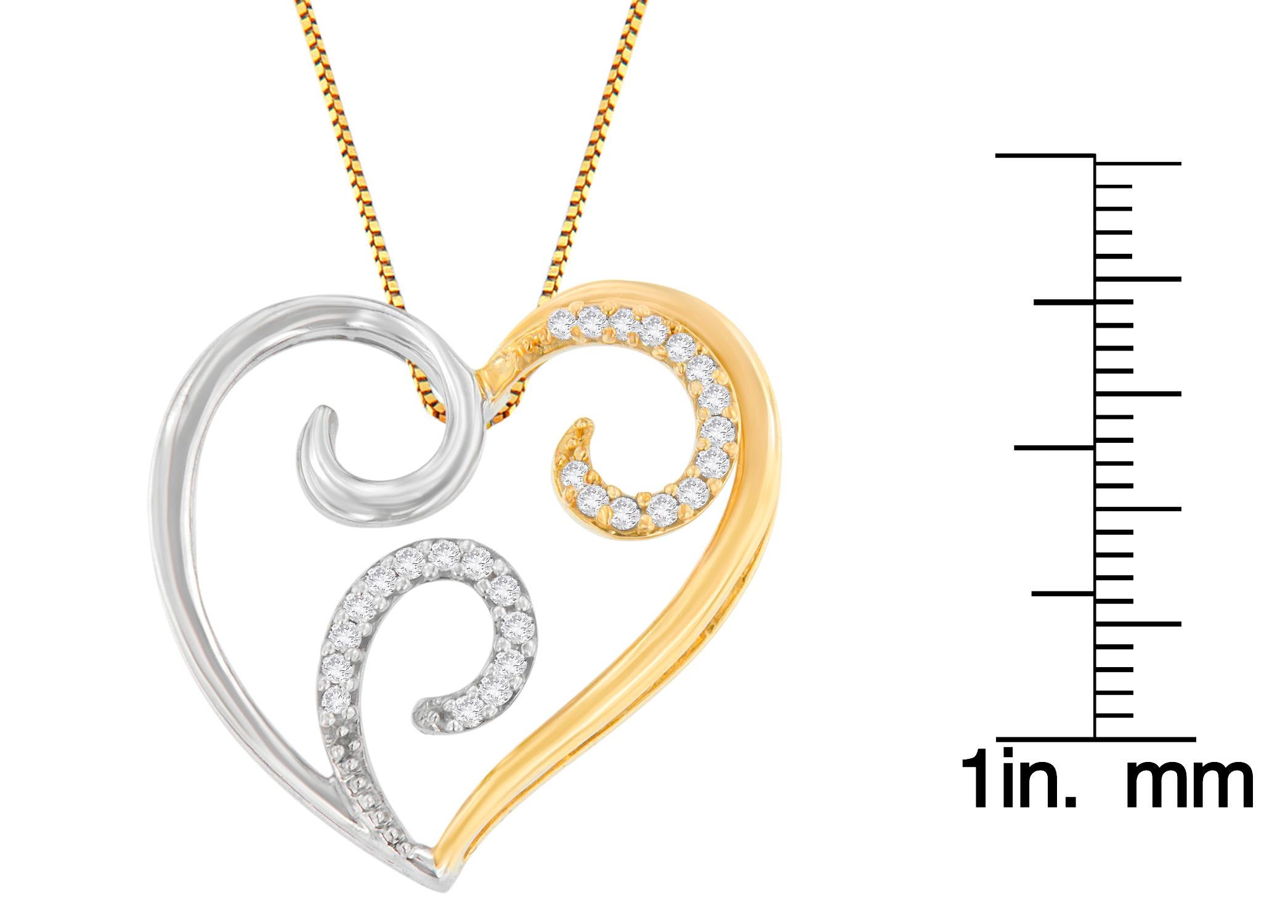 10k Two-Toned Gold 1/10 Carat Diamond Swirl Heart Accent Pendant Necklace In New Condition For Sale In New York, NY