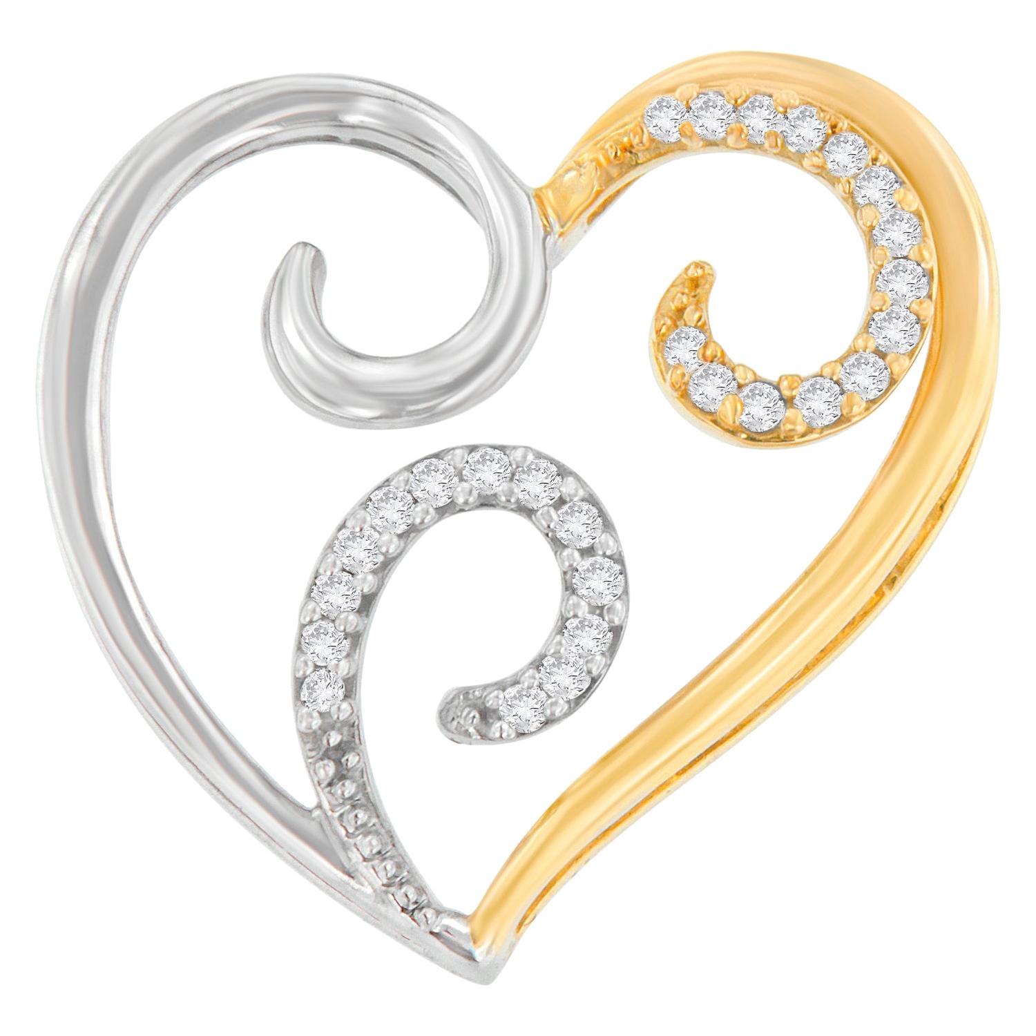 10k Two-Toned Gold 1/10 Carat Diamond Swirl Heart Accent Pendant Necklace For Sale