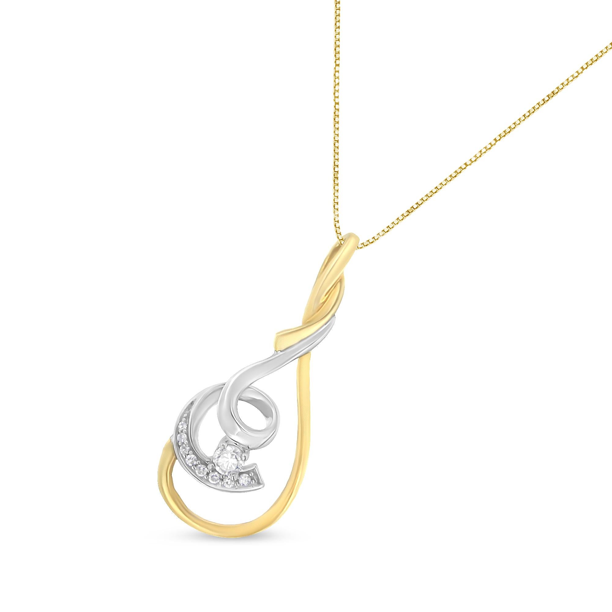 Modern 10k Two-Toned Gold 1/6 Carat Diamond Spiral Pendant Necklace For Sale