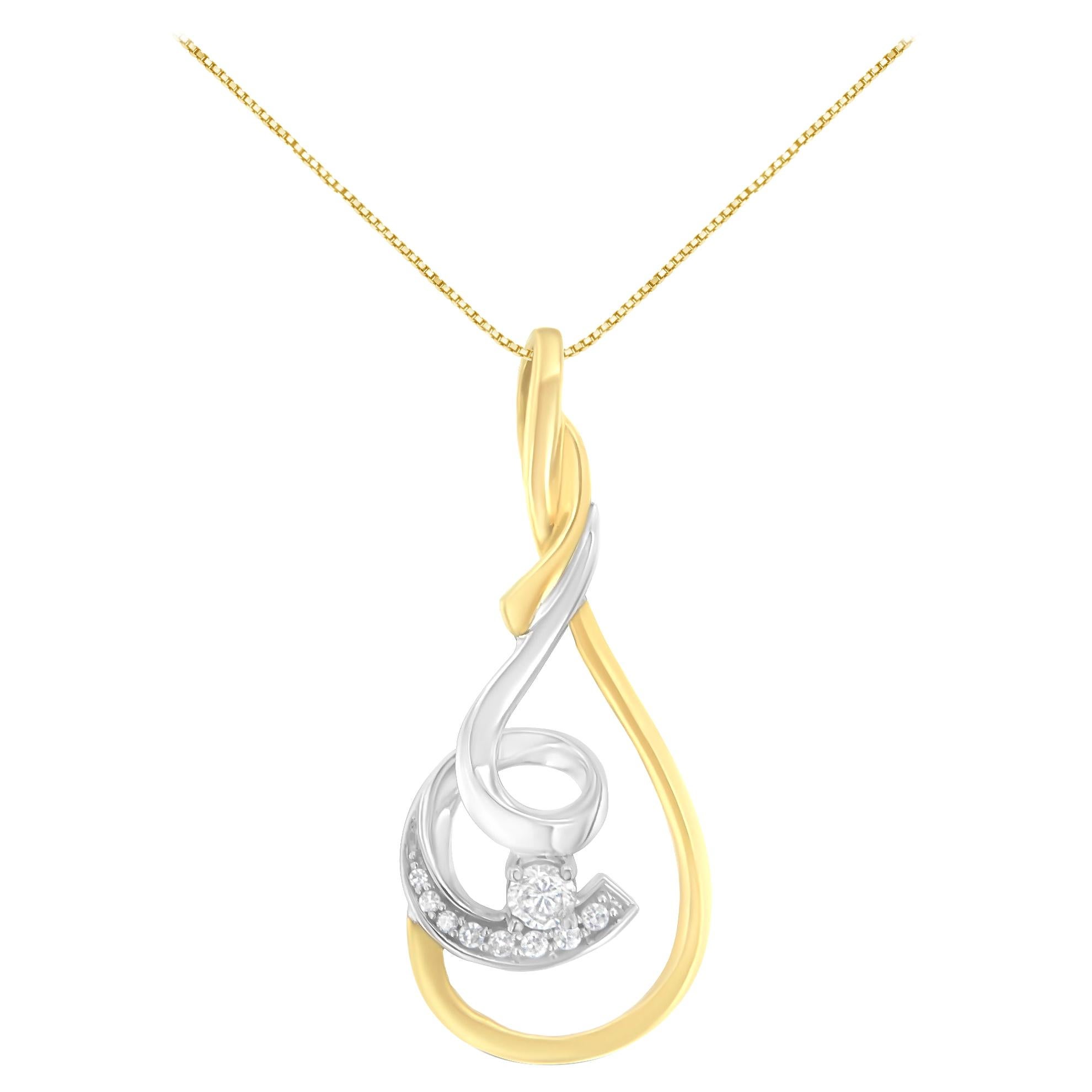 10k Two-Toned Gold 1/6 Carat Diamond Spiral Pendant Necklace For Sale