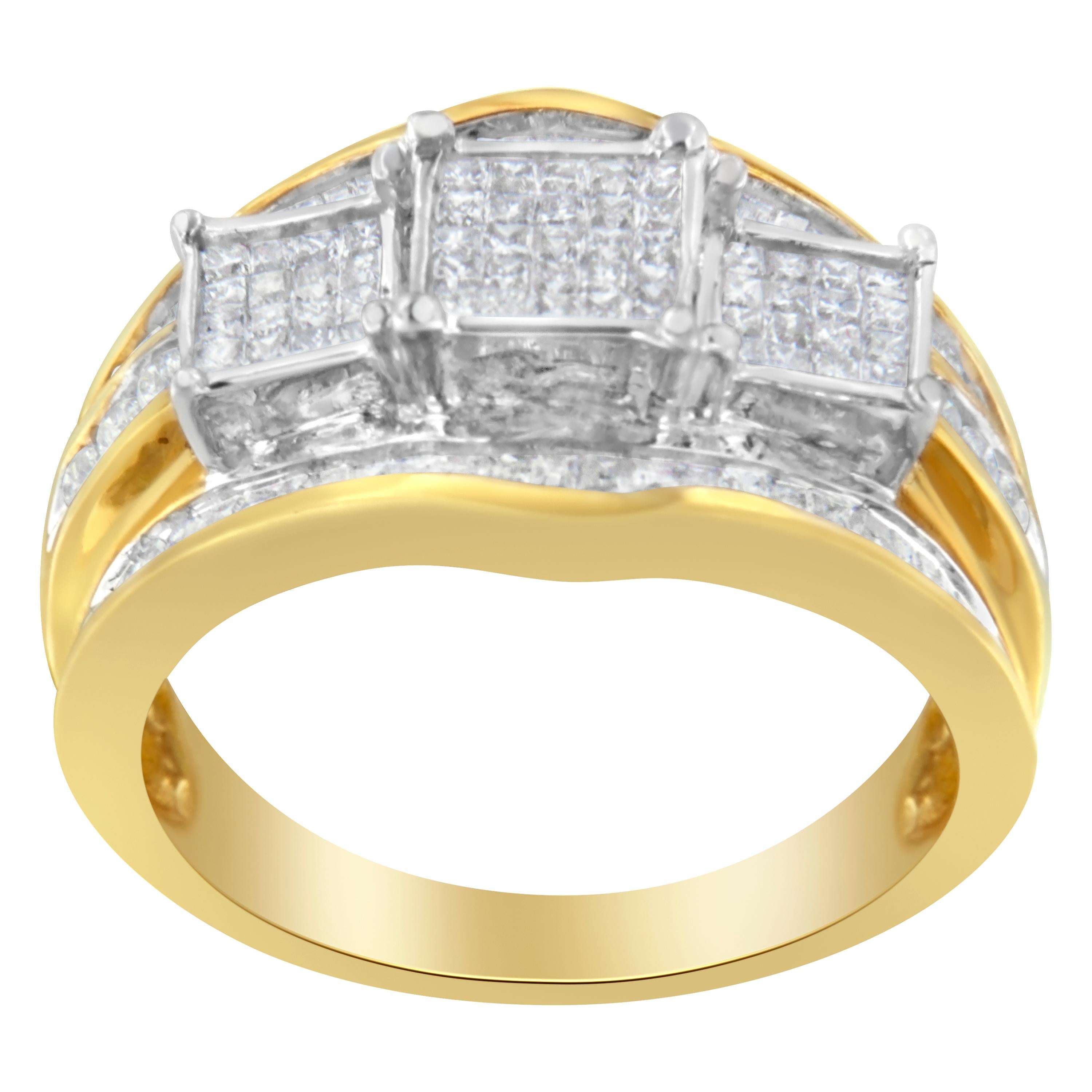 A unique gold and diamond cluster ring. This ring is made with 6 round, 53 baguette, and 57 princess-cut diamonds, weighing a total of 1 ct. The diamonds are set in lustrous 14k two-toned gold. 

'Video Available Upon Request.'

Product