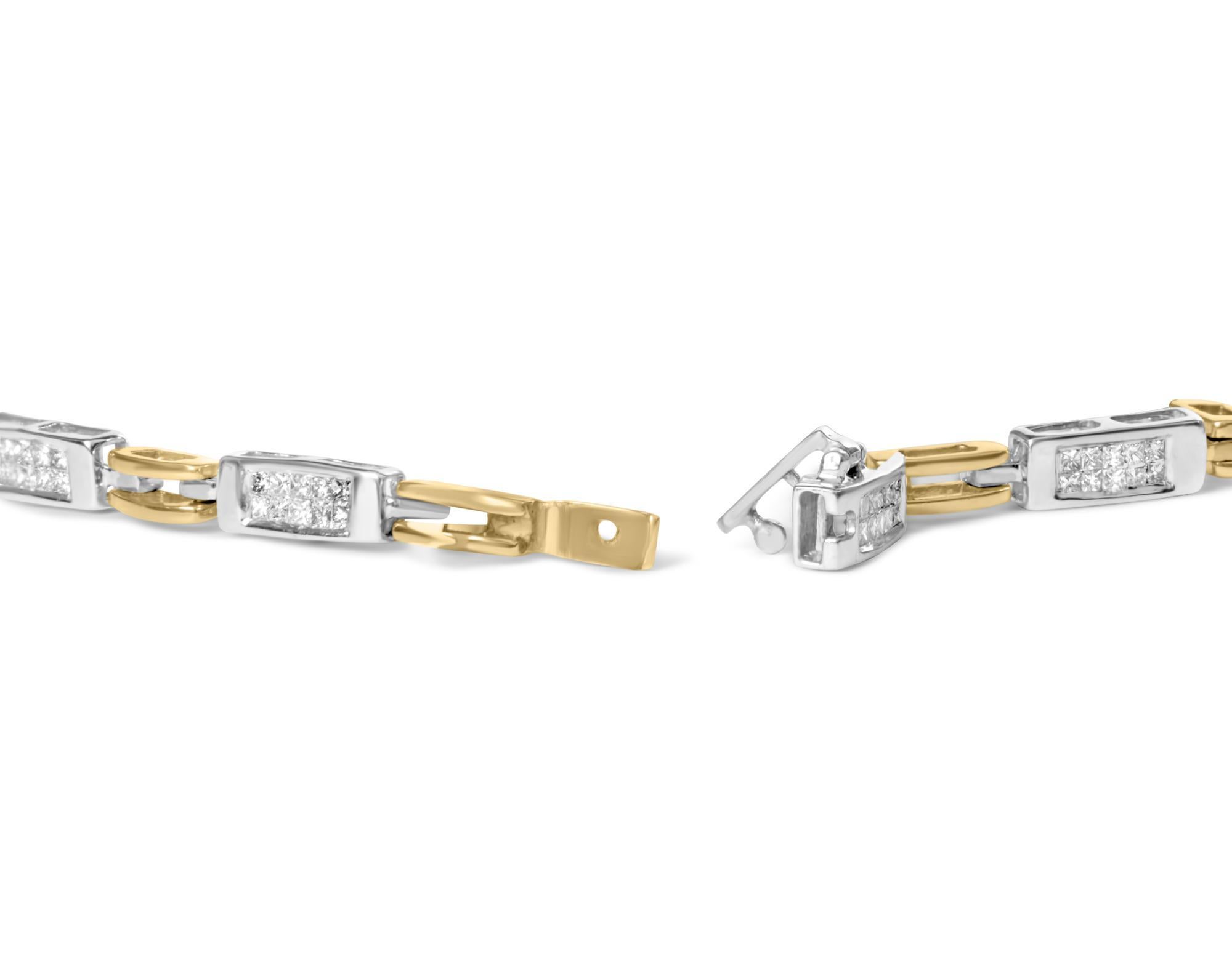 Indulge in the perfect blend of luxury and style with this stunning 10K Two-Toned Gold Diamond Bar Link Bracelet. Featuring 100 natural princess-cut diamonds with a total weight of 1.0 carat, this bracelet is sure to add a touch of elegance to any