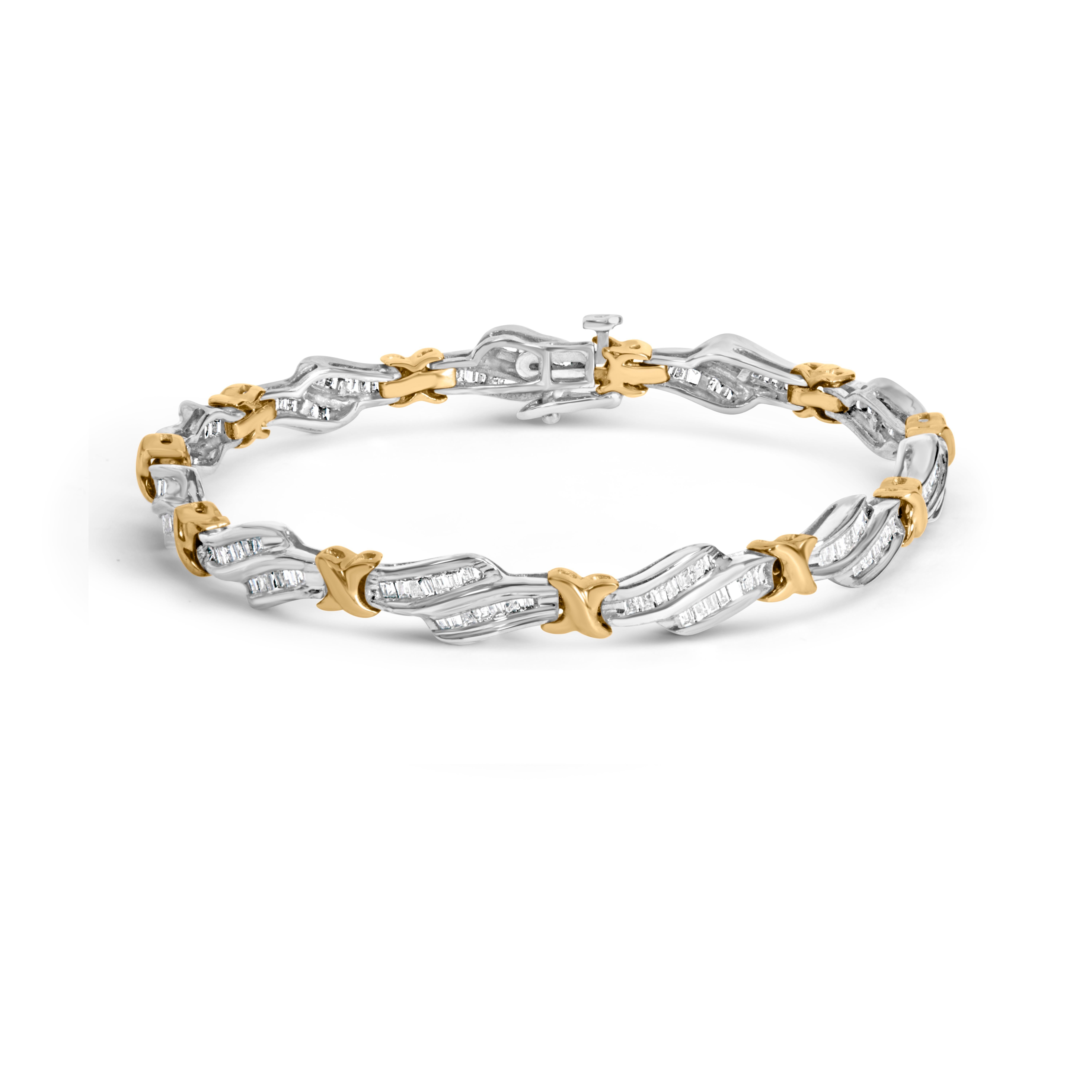 10K Two-Toned Gold 2.0 Carat Baguette-Diamond Weave and "X" Spiral Link Bracelet For Sale