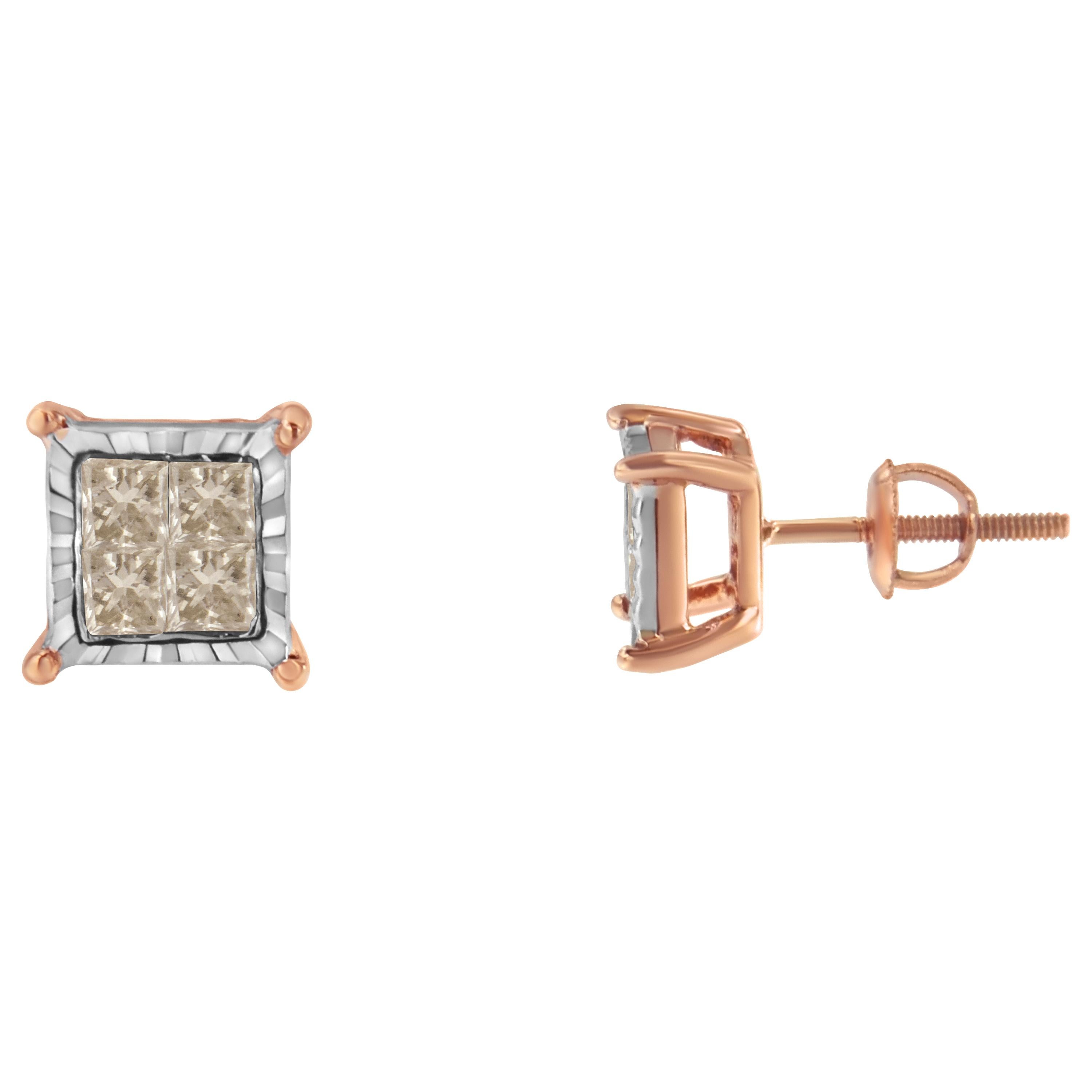 Elegant diamond stud earrings that she'll cherish forever. This classic piece is made in the finest 10k two-toned gold, with rose-gold making up the base and white gold framing the diamonds. Four princess-cut diamonds in a miracle setting are set in