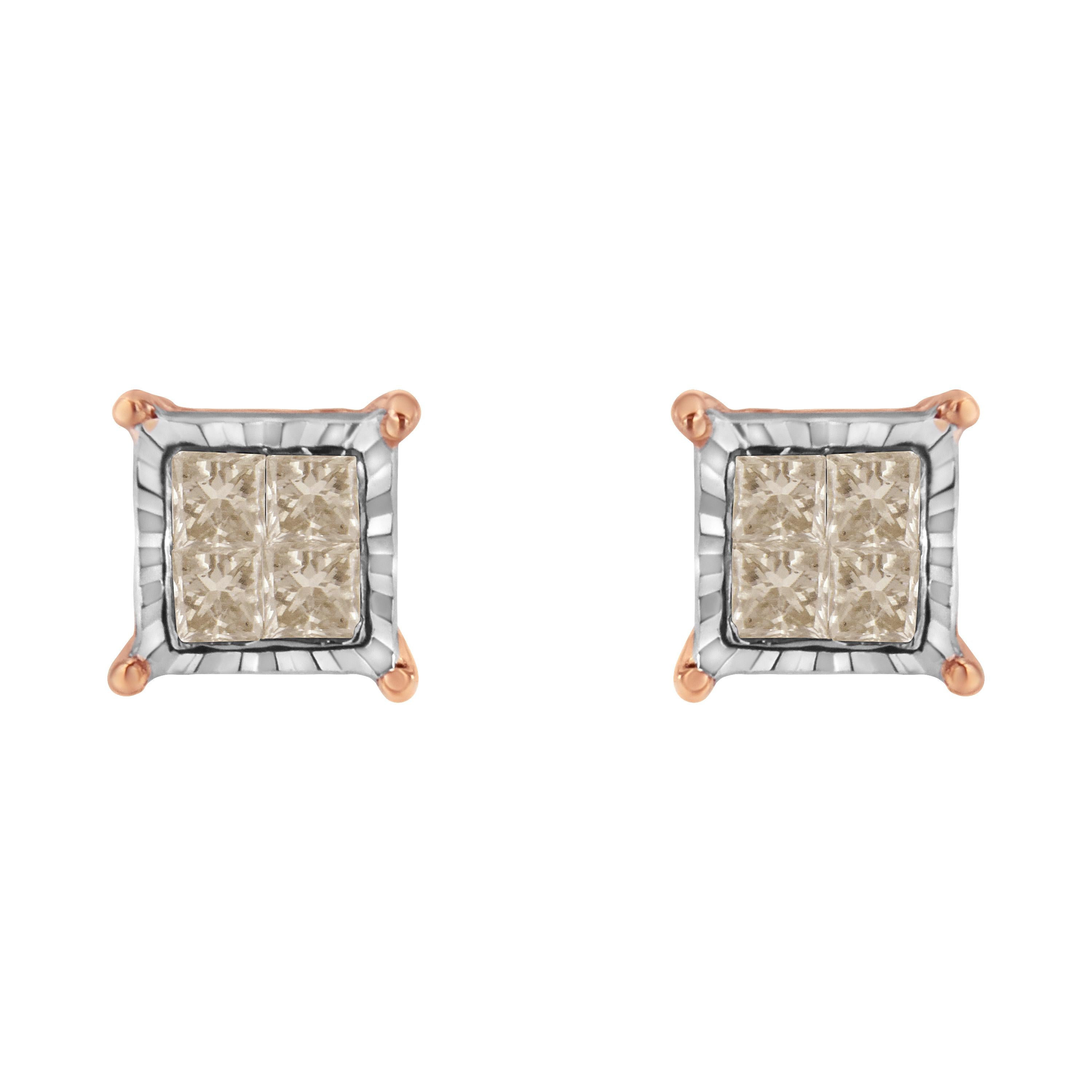 Contemporary 10K Two-Toned Princess-Cut Composite 1/2 Carat Diamond Stud Earrings For Sale
