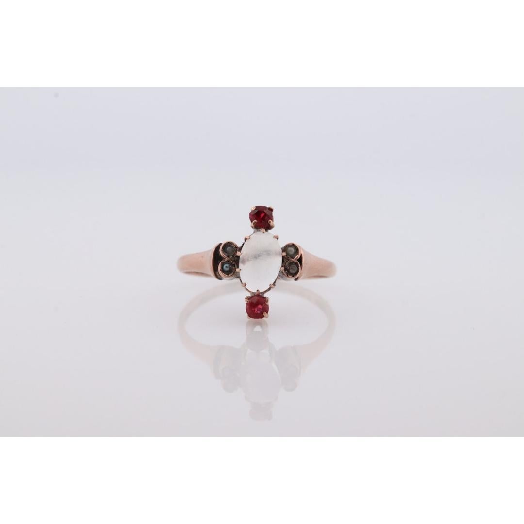 Women's 10k Victorian MOONSTONE cabochon TRIO Garnet and pearl seed Claw set ring. For Sale