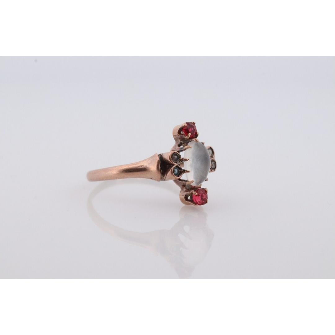 10k Victorian MOONSTONE cabochon TRIO Garnet and pearl seed Claw set ring. For Sale 1