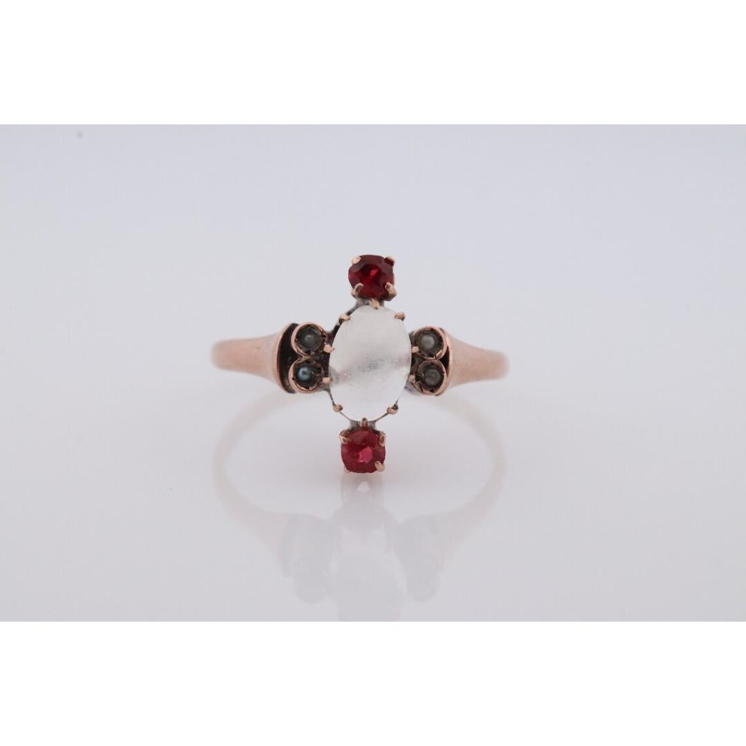 10k Victorian MOONSTONE cabochon TRIO Garnet and pearl seed Claw set ring. For Sale 2