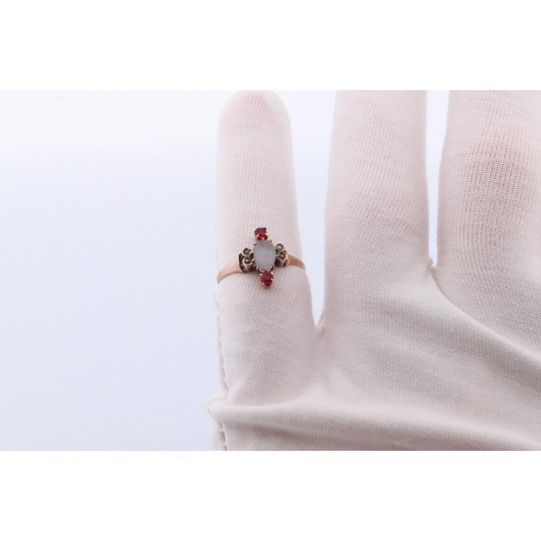 10k Victorian MOONSTONE cabochon TRIO Garnet and pearl seed Claw set ring. For Sale 3