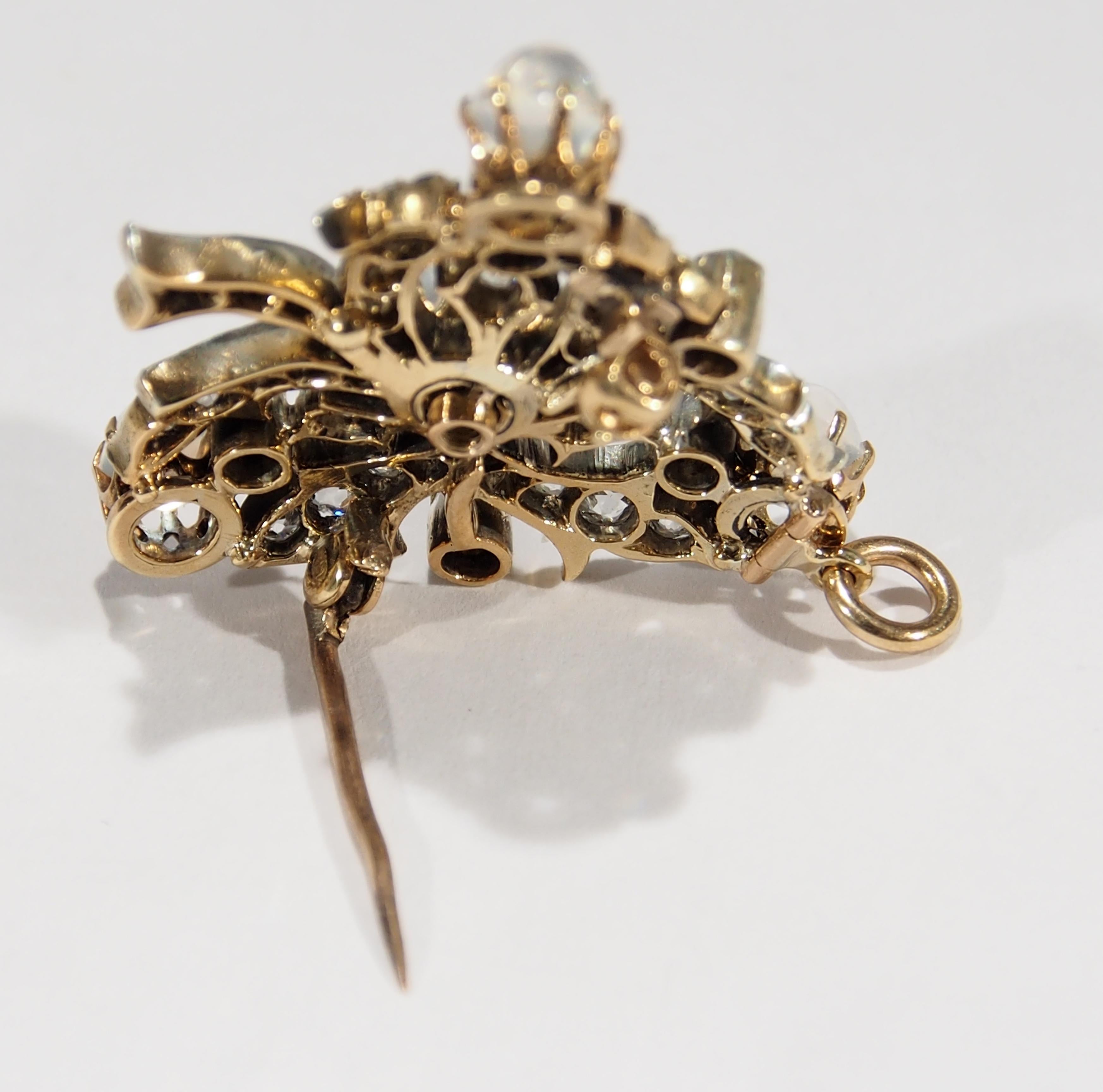 Women's or Men's 10 Karat Victorian Moonstone Diamond Pendant Pin Brooch Yellow Gold For Sale