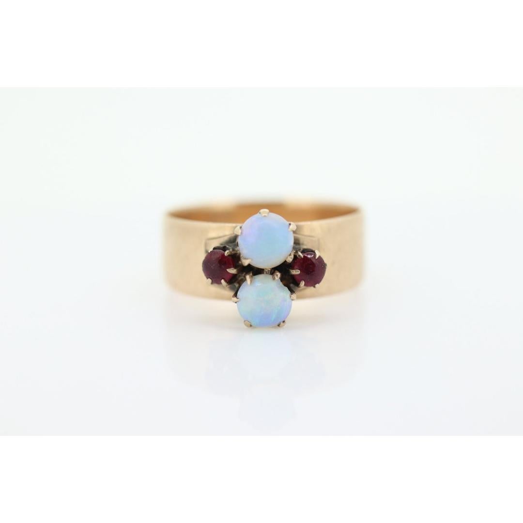 Women's 10k Victorian Opal and Garnet ring. 10k Gold Victorian claw opal ring. Wide For Sale