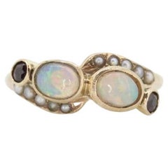 10k Victorian Opal Pearl Seed garnet ring. 10k Gold Victorian claw opal garnet