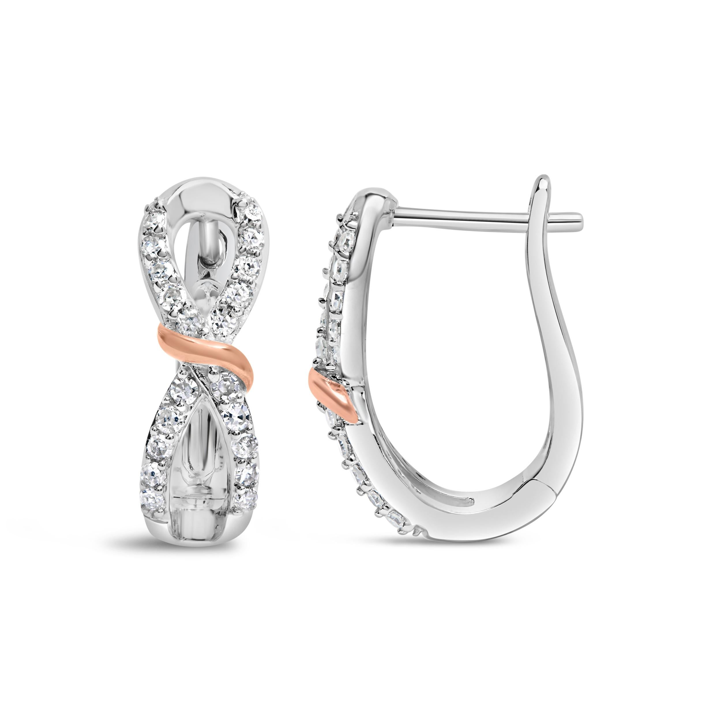 Moderno Orecchini a cerchio in oro bianco e rosa 10K con diamante da 1/3 Cttw e nastro infinito in vendita
