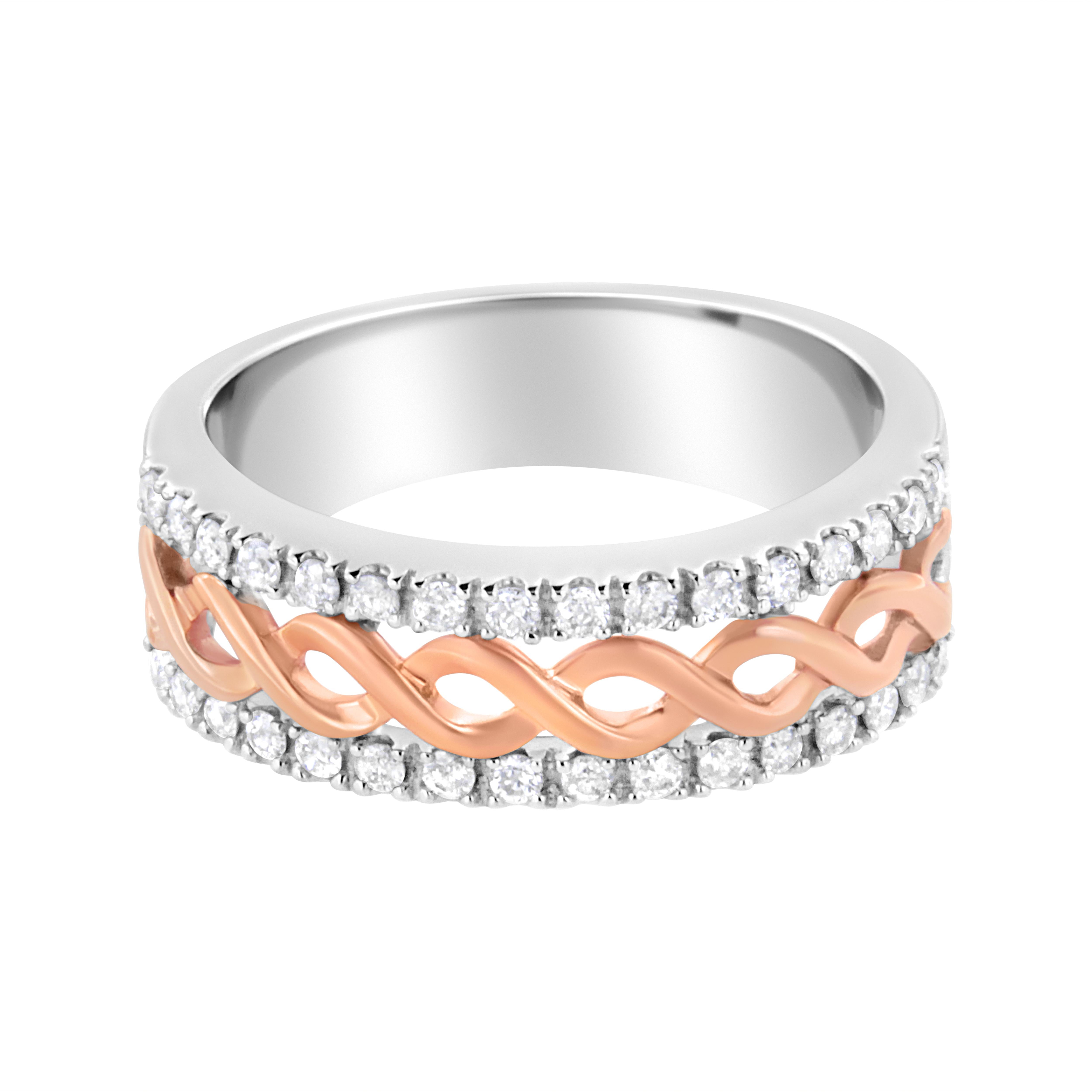 You will love this uniquely designed split shank ring in gleaming 10k white gold. A central infinity ribbon motif in 10k rose gold runs throughout the ring and is flanked by a row of natural, round-cut diamonds on each side. This gorgeous ring has a
