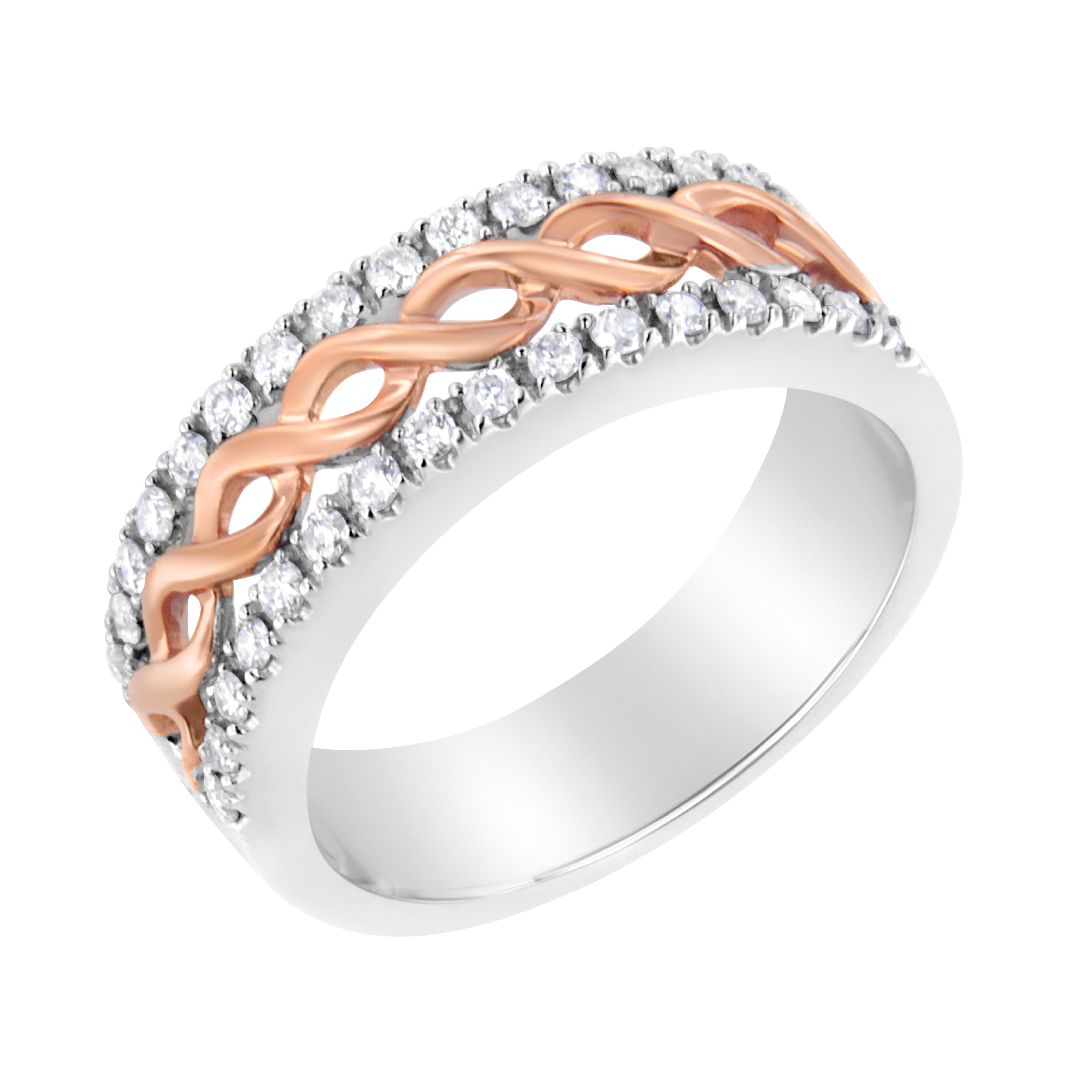 Modern 10K White and Rose Gold 1/3ct Diamond Split Shank and Infinity Ribbon Band Ring For Sale