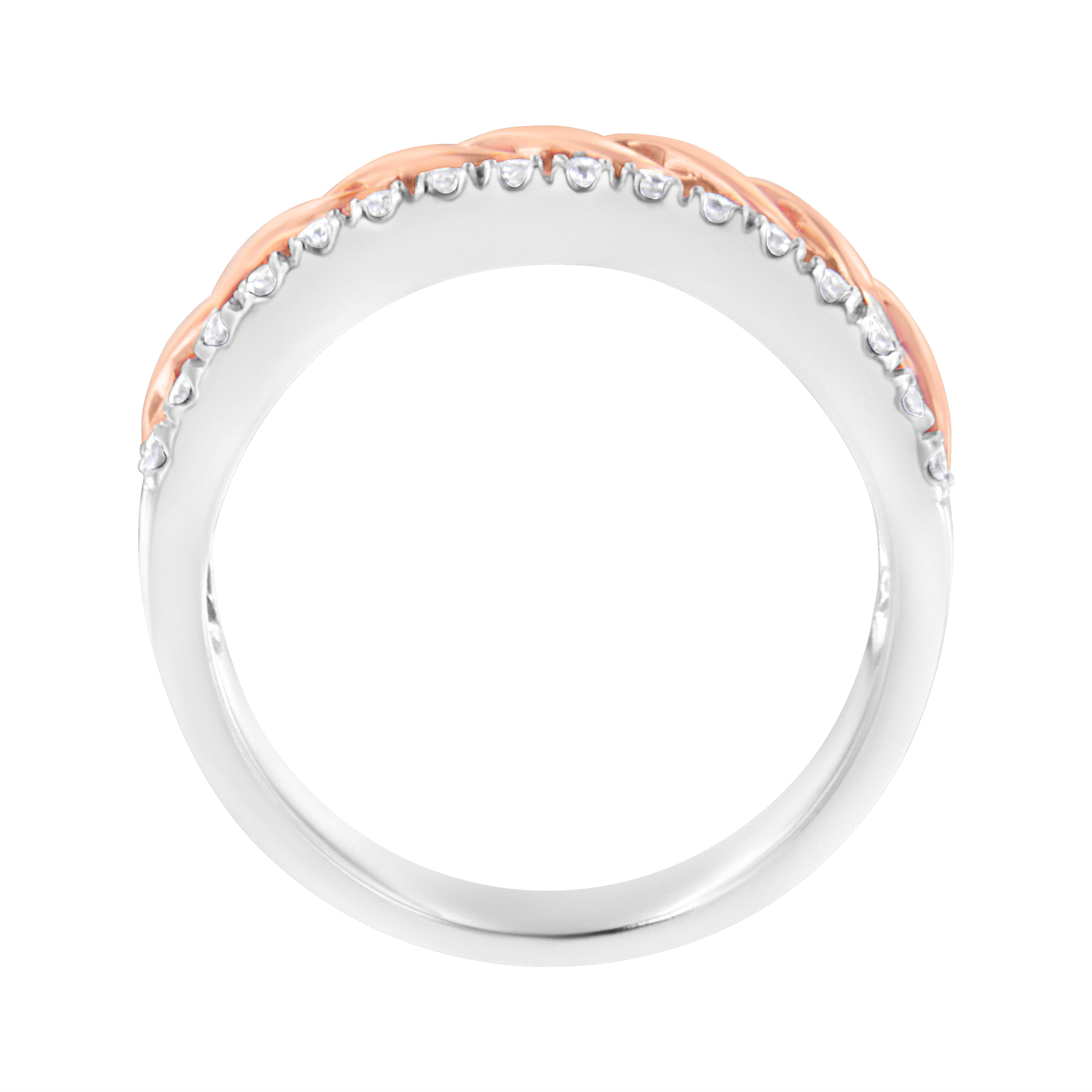 Round Cut 10K White and Rose Gold 1/3ct Diamond Split Shank and Infinity Ribbon Band Ring For Sale