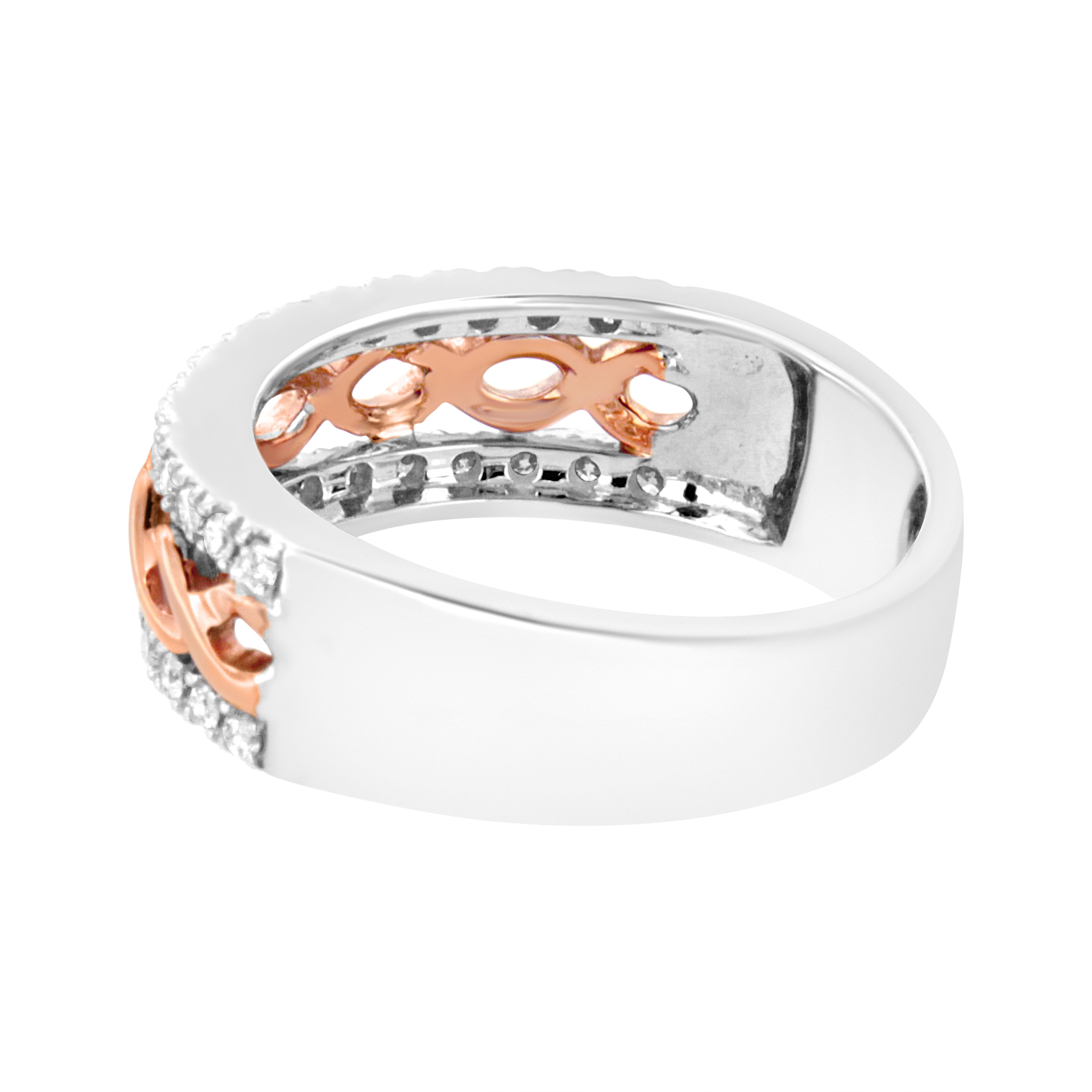 10K White and Rose Gold 1/3ct Diamond Split Shank and Infinity Ribbon Band Ring In New Condition For Sale In New York, NY