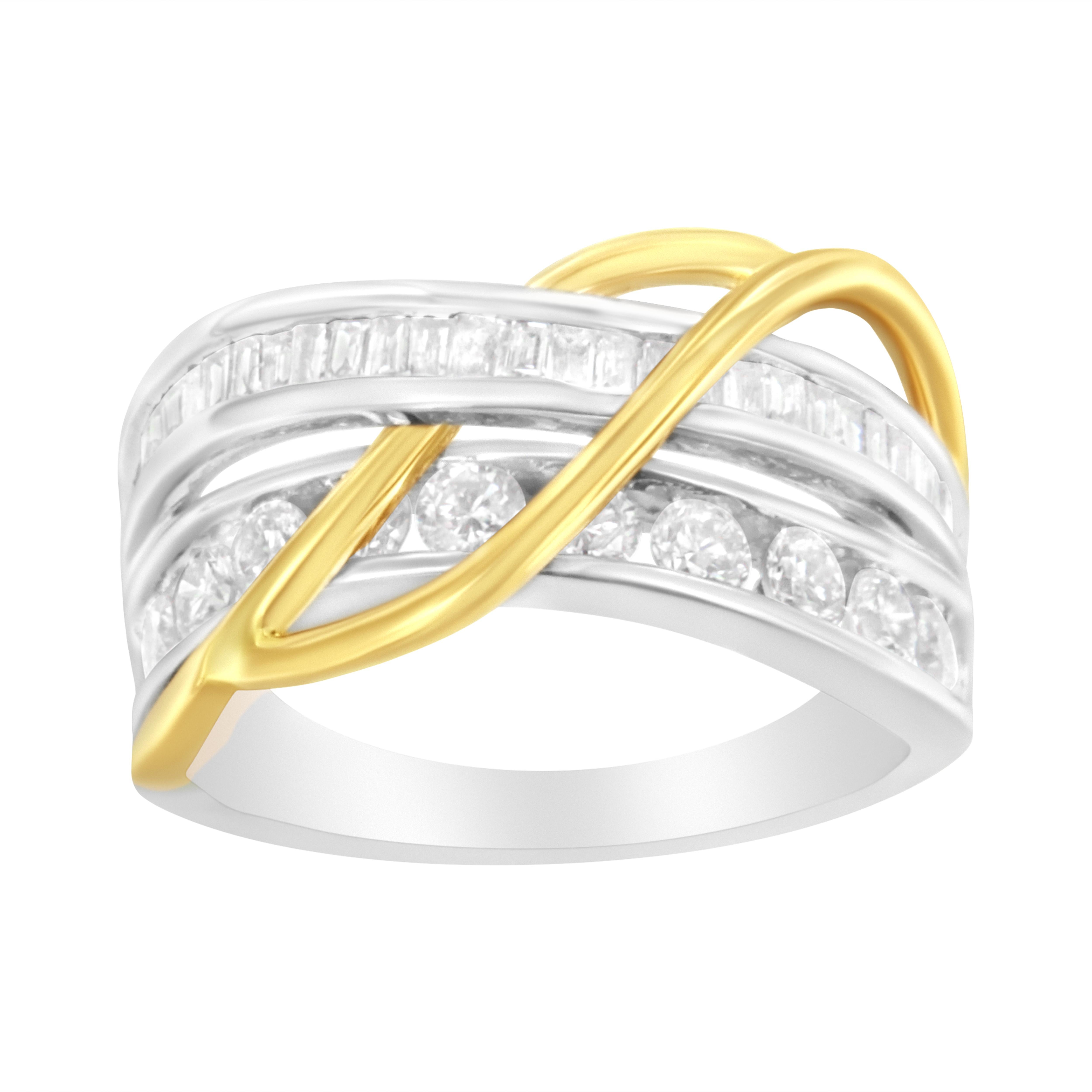 Bold and unique, this ring is fashioned in 10k white and yellow gold. 1 1/10ct TDW of diamonds are displayed in this design. A cool white gold ring band splits and is inlaid with a row of glittering baguette diamonds and one row of round cut