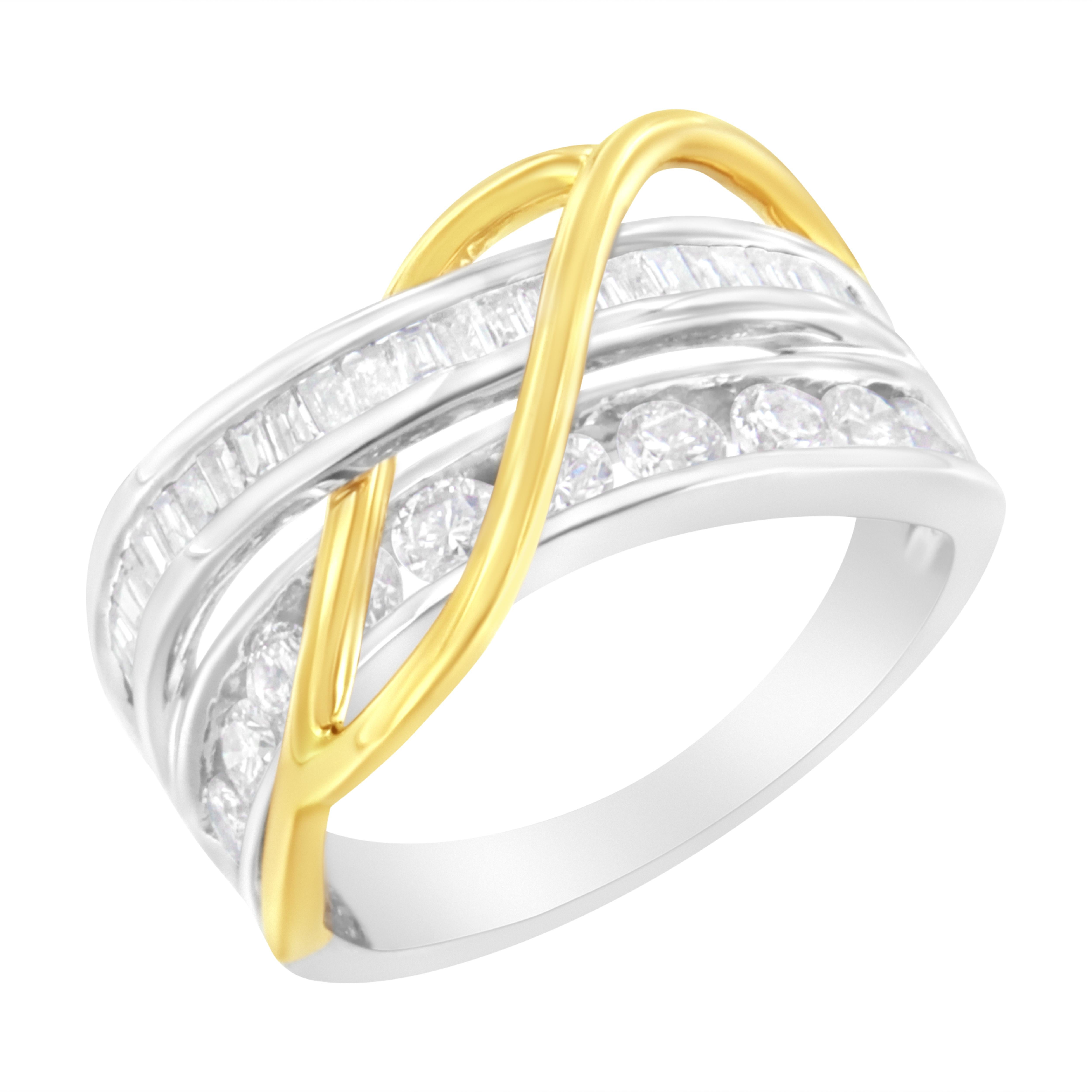 Modern 10K White and Yellow Gold 1 1/10 cttw Channel-Set Diamond Bypass Band Ring For Sale