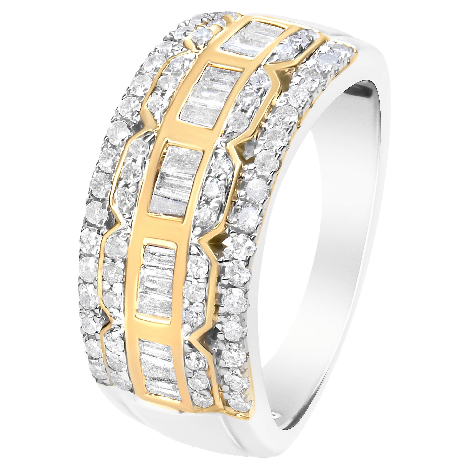 Bague Art déco à plusieurs rangées en or blanc et jaune 10 carats et diamants de 1,0 carat