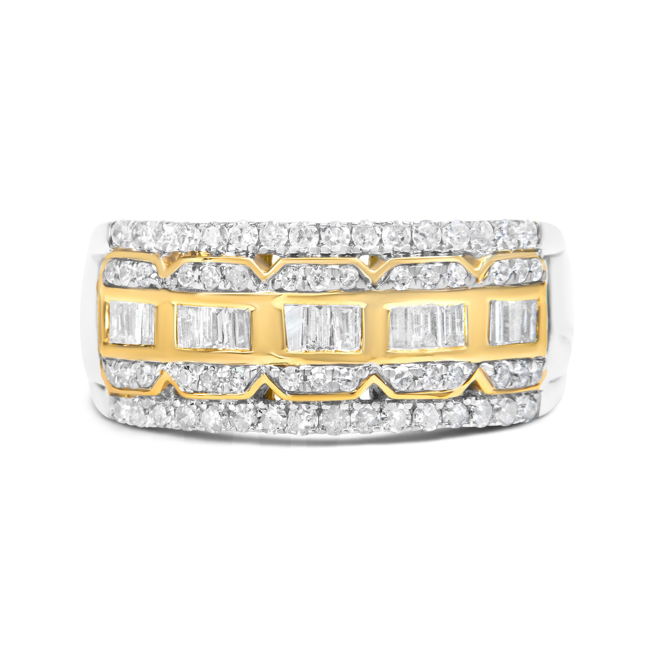 Make a statement with this exquisite art deco inspired ring. Made in 10k white and yellow gold, this piece showcases 1ct TDW of diamonds. A row of baguette cut diamonds sits inside a decorative edging of yellow gold and is accented by round