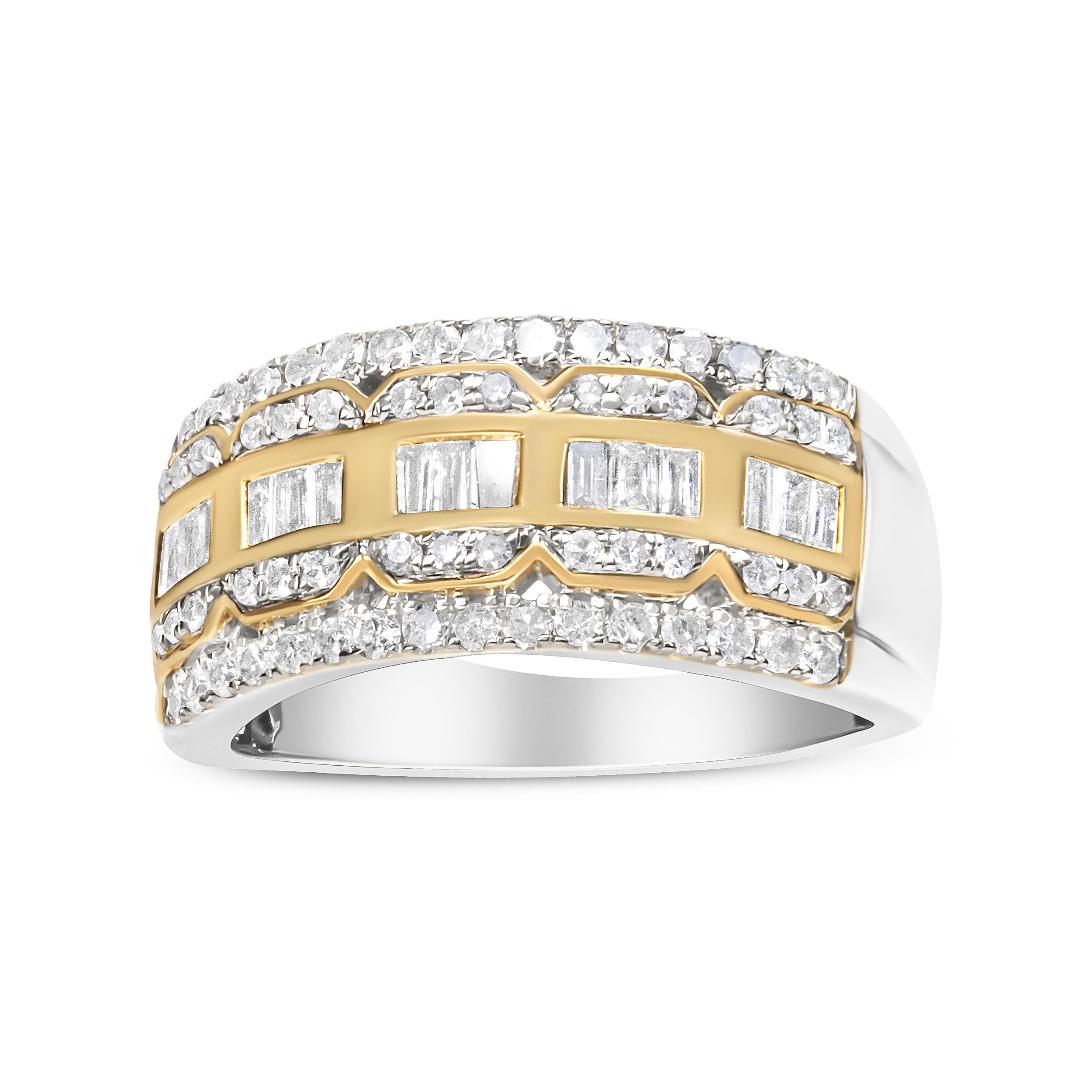 Modern 10K White and Yellow Gold 1.00 Cttw Diamond Art Deco Multi-Row Ring Band For Sale