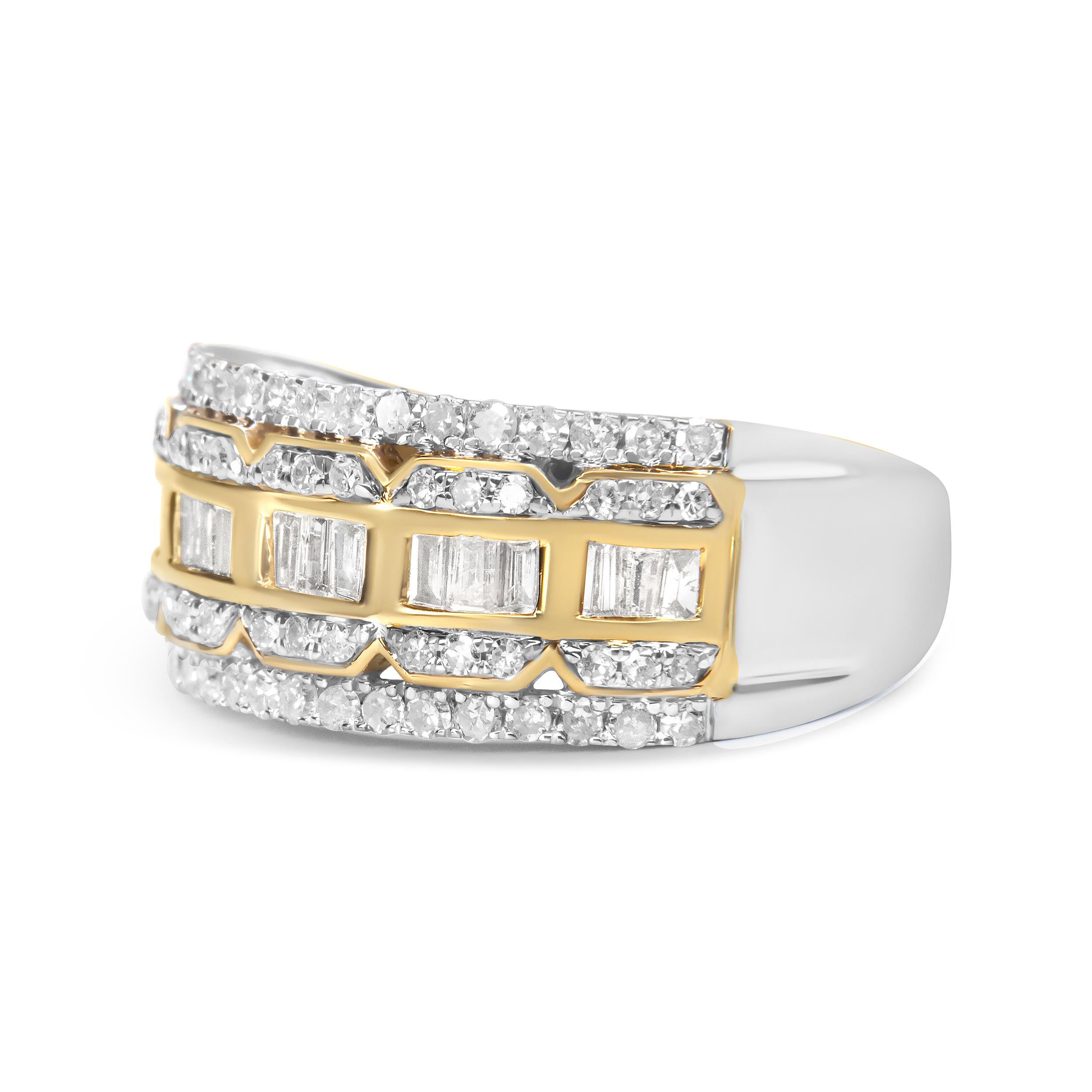Round Cut 10K White and Yellow Gold 1.00 Cttw Diamond Art Deco Multi-Row Ring Band For Sale
