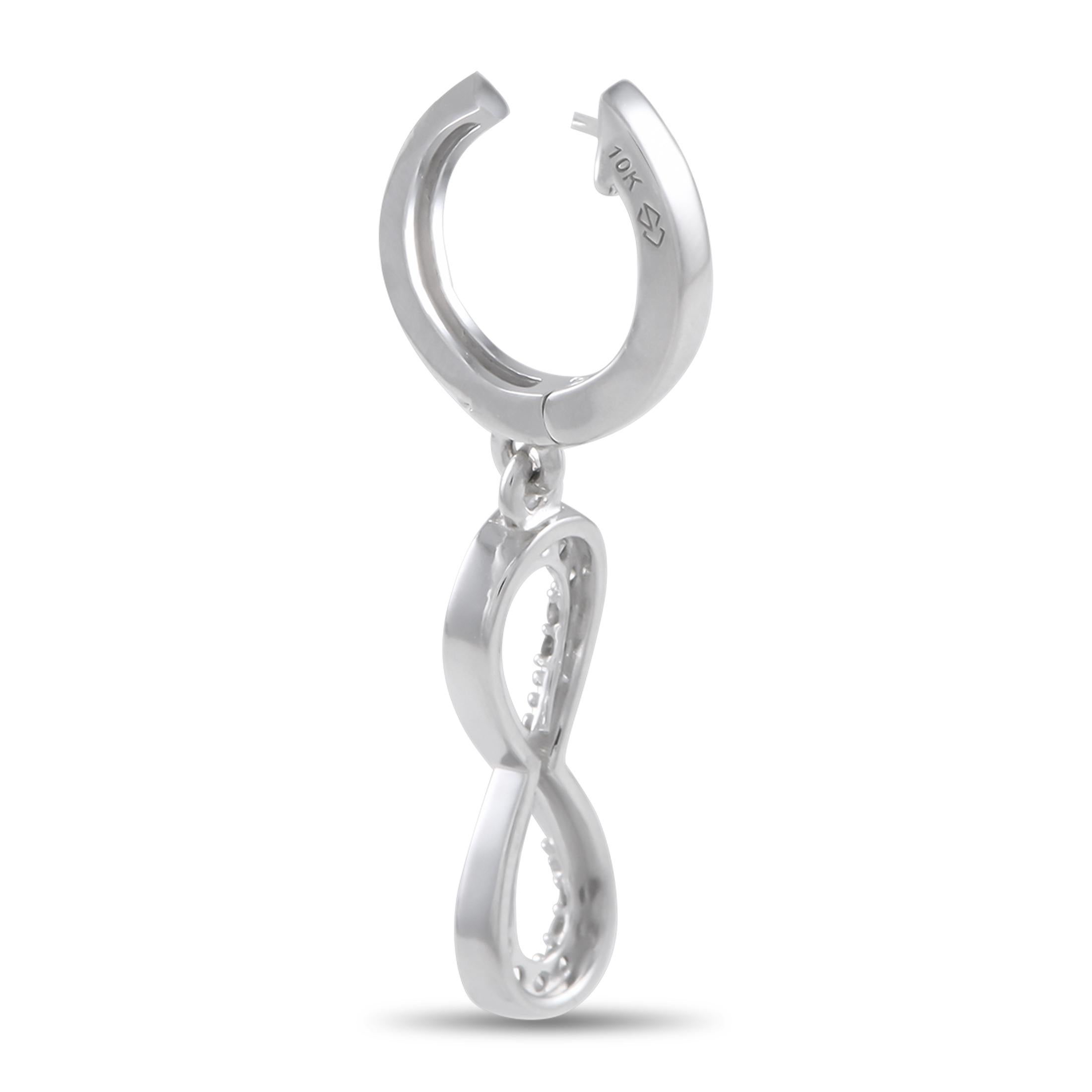A timeless infinity symbol dangles from a sleek hoop on these impeccably crafted earrings. Diamonds with a total weight of 0.13 carats add subtle sparkle to the overall design. Each one is made from 10K White Gold and measures 0.27 long by 1.0