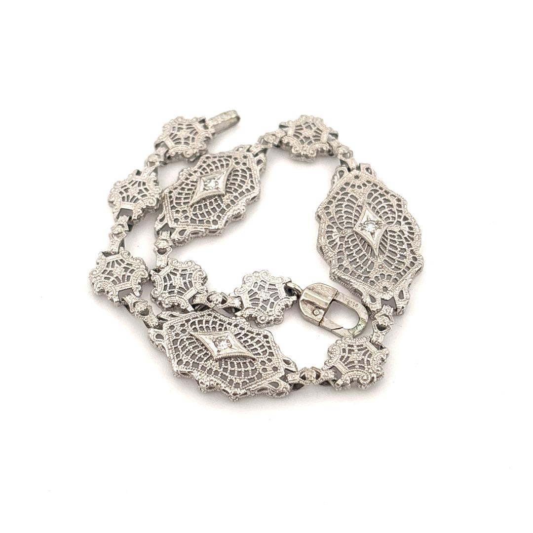 Art Deco 10K White Gold 0.15 Carat Diamond Filigree ESEMCO Bracelet For Sale