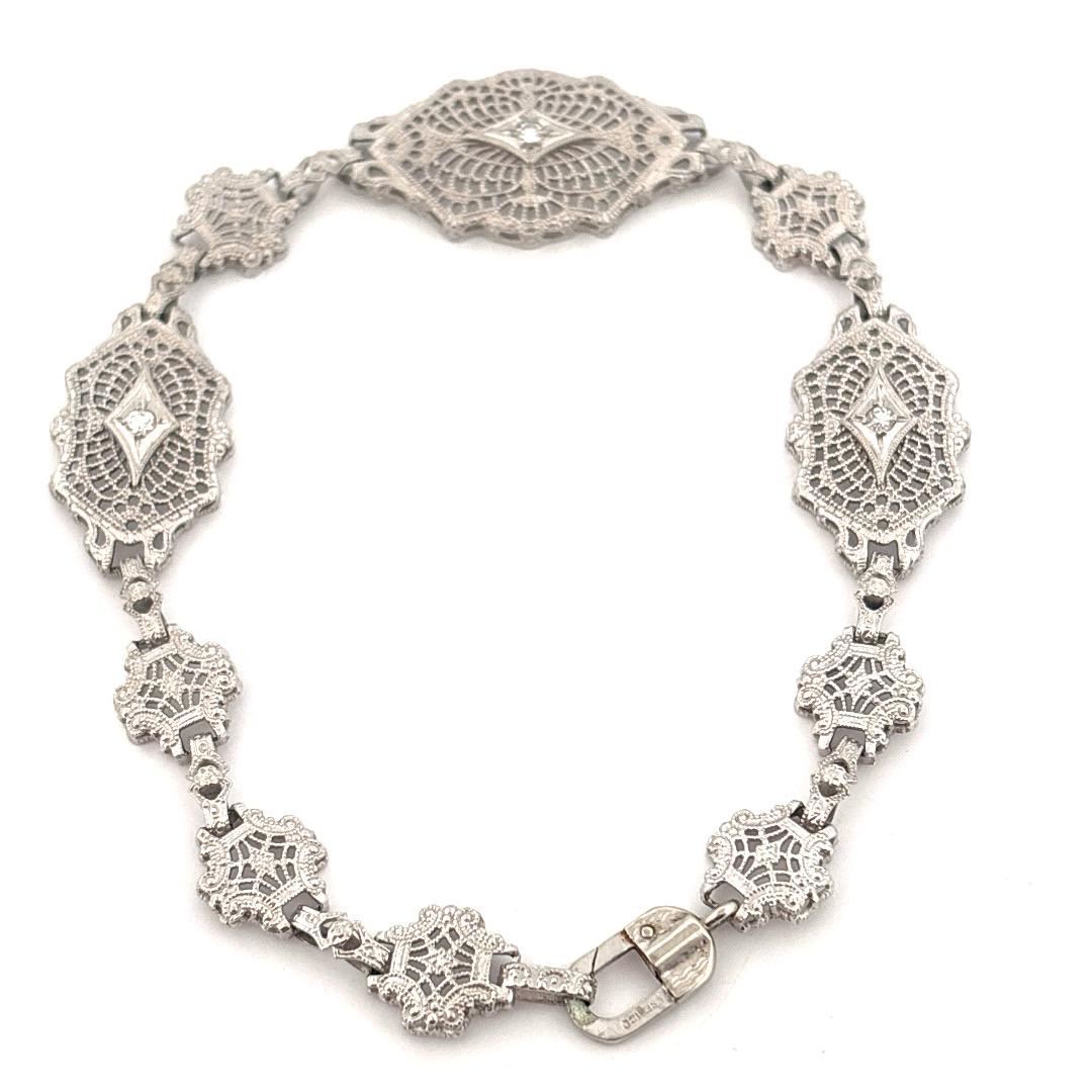 Round Cut 10K White Gold 0.15 Carat Diamond Filigree ESEMCO Bracelet For Sale